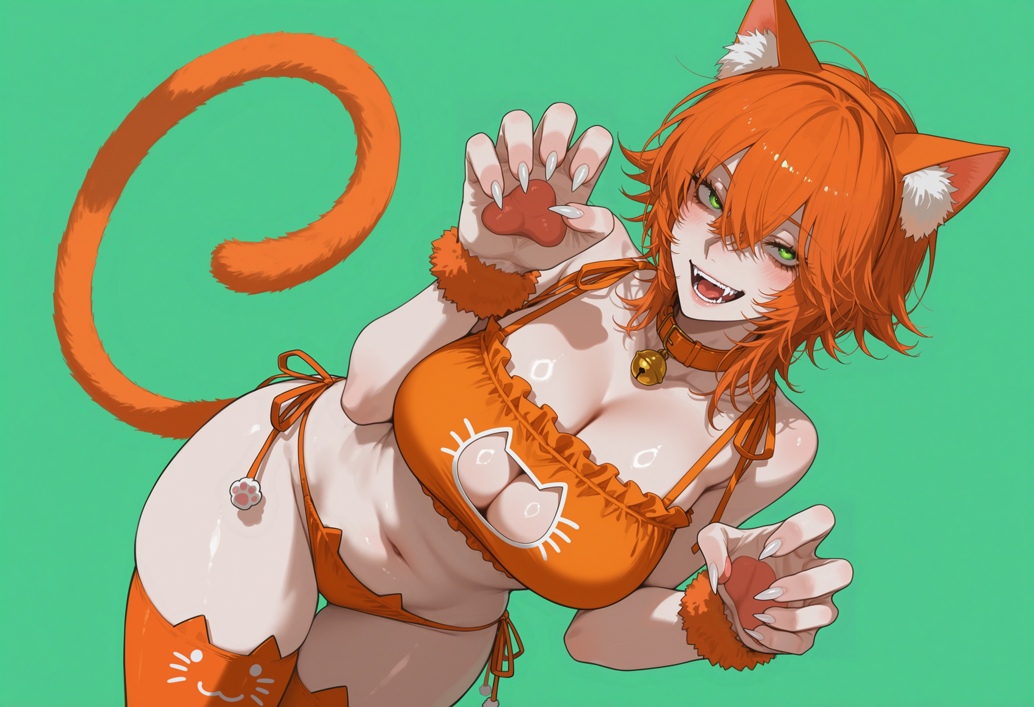 1girls, ai, ai art, ai generated, ai-created, bell, belly, black eyelashes, blush, breasts, cat cutout, cat ears, cat girl, cat legwear, cat lingerie, cat panties, cat paws, cat tail, cat thighhighs, catgirl, claws, cleavage, cleavage cutout, collar, collarbone, cowboy shot, curvy, curvy body, curvy female, curvy figure, deviantart link, eyelashes, fangs, female, female focus, female only, fur, ginger, ginger fur, ginger hair, ginger pubic hair, gold bell, green background, green eyes, hair between eyes, large breasts, leather collar, legwear, light skin, light-skinned female, lingerie, long eyelashes, long nails, looking at viewer, looking up, medium hair, messy hair, navel, neck bell, open mouth, orange collar, orange ears, orange fur, orange hair, orange legwear, orange lingerie, orange panties, orange tail, orange thighhighs, panties, paw pose, red hair, redhead, sharp claws, shiny skin, simple background, skindentation, skyler (uersor), smirk, solo, solo female, thick thighs, thighhighs, thin waist, uersor, white skin, wide hips, wolf cut, wolfcut, young female