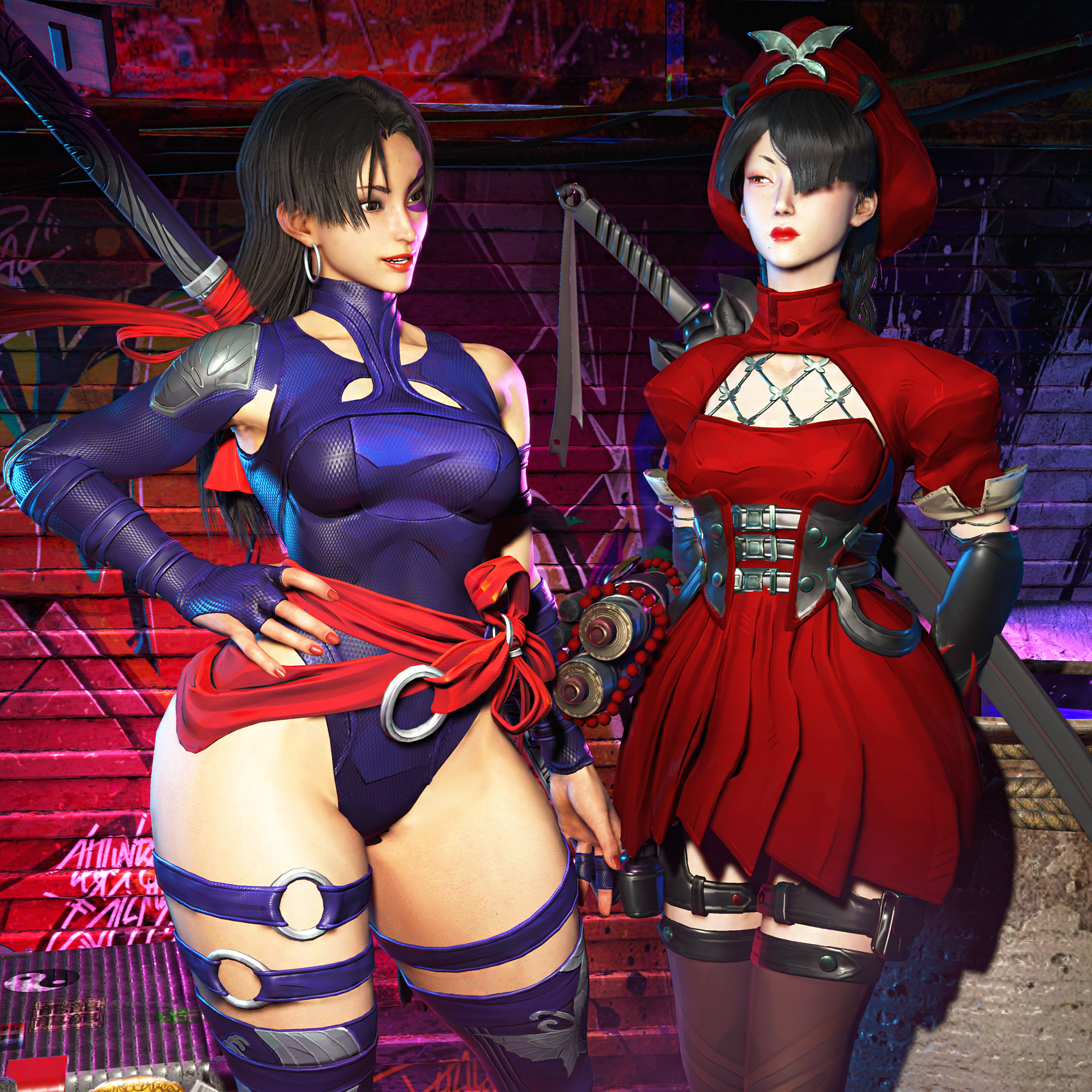 2girls, 3d, a.k.i., arm gloves, bangs, black hair, braided hair, breasts, brown eyes, chun-li, clothed, clothing, cosplay, curvaceous, curvy, earrings, face markings, facepaint, fingerless gloves, hair over one eye, hand on hip, hands behind back, hat, hoop earrings, hourglass figure, katana, leotard, light skin, light skinned female, lipstick, looking down, marvel, marvel comics, marvel rivals, mature female, mighty2noob, milf, mod, pale skin, pale-skinned female, petite, pinup, psylocke (cosplay), red eyes, skirt, standing, straps, street fighter, street fighter 6, sword, thick thighs, twin braids, video games, voluptuous, wide hips, x-men