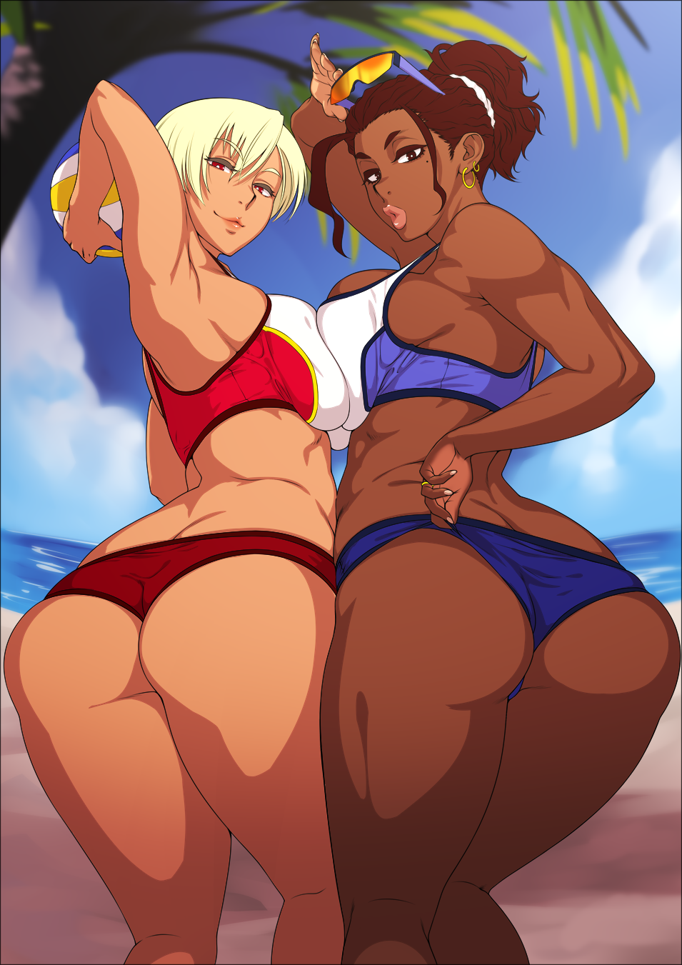 2girls adjusting_clothes ass ass-to-ass bangs bikini blonde_hair bra breast_press breasts bright_pupils brown_hair contrast dark_skin day earrings eyewear_on_head female high_resolution jewelry koda_diana large_breasts lips mature mole mole_under_eye multiple_girls nasu_trisha oh_yes!_kasshoku_bitch_hitozuma_no_seiyoku_kaishou oohara_kyuutarou outdoors ponytail puckered_lips red_eyes ring short_hair short_ponytail sports_bra sunglasses swimsuit symmetrical_docking take_your_pick tanned thick_lips thong_bikini tied_hair toned trisha_(oohara_kyuutarou) underwear very_dark_skin volleyball wedding_band wide_hips