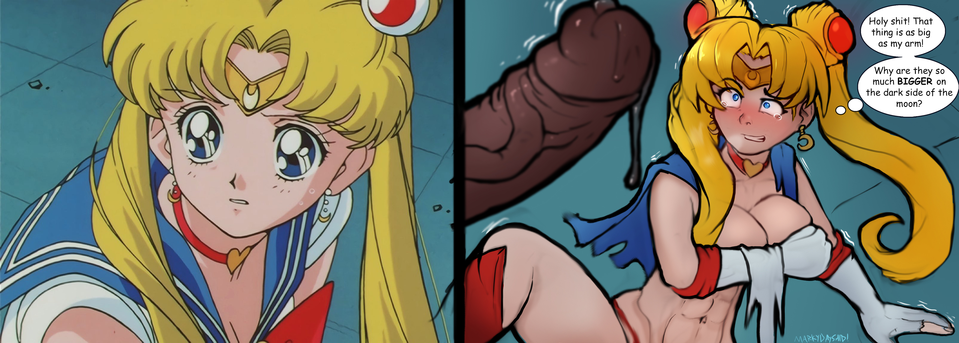 1boy, 1girls, abs, big penis, bishoujo senshi sailor moon, blonde hair, breasts, breasts out, clothing, covering, covering breasts, dark skin, dark-skinned male, english text, female, interracial, large breasts, male, markydaysaid, meme, penis, precum, ripped clothing, sailor moon, sailor moon redraw challenge, screenshot, text, torn clothes, usagi tsukino