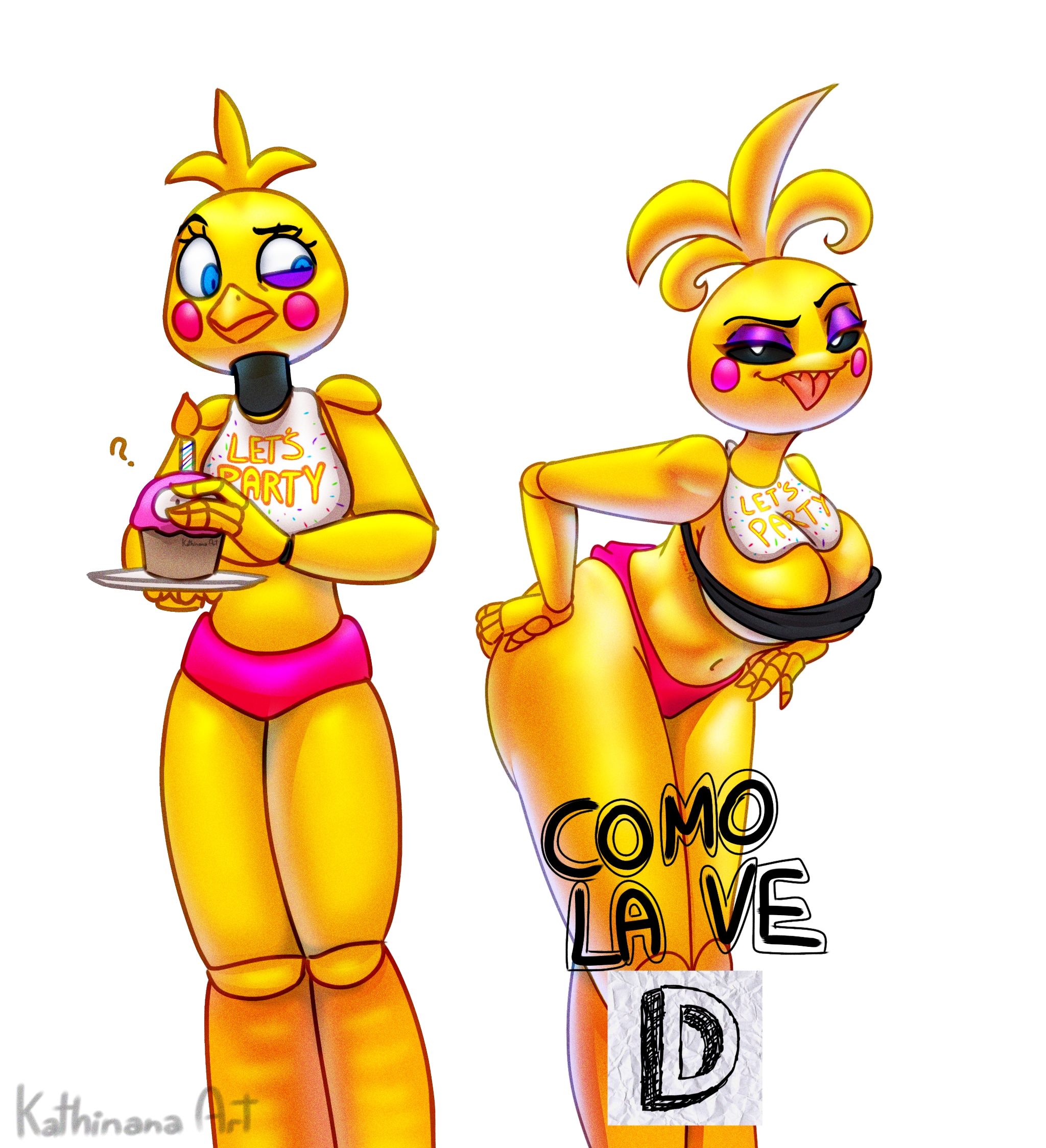 animatronic, animatronic female, beak, big breasts, big butt, big thighs, bird girl, biting tongue, blue eyes, breasts squeezed together, canon vs fanon, chicken, cupcake (fnaf), female only, five nights at freddy's, five nights at freddy's 2, fnaf, fnaf 2, kathiana art, leaning forward, pink cheeks, pink shorts, purple eyeshadow, scottgames, seductive, seductive eyes, seductive look, seductive pose, seductive smile, sensual, sexy, showing off, tongue out, toy chica (fnaf)