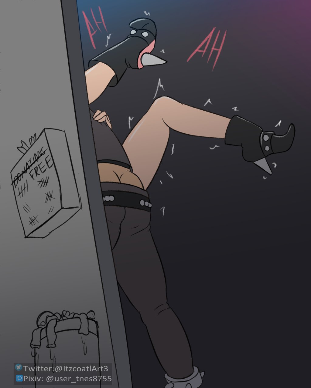 1boy, 1girls, black footwear, boots, condom, female, graffiti, high heel boots, high heels, highres, implied sex, itzcoatl, marnie (pokemon), nintendo, penetration, pokemon, pokemon ss, trash can, trembling, used condom, writing on wall