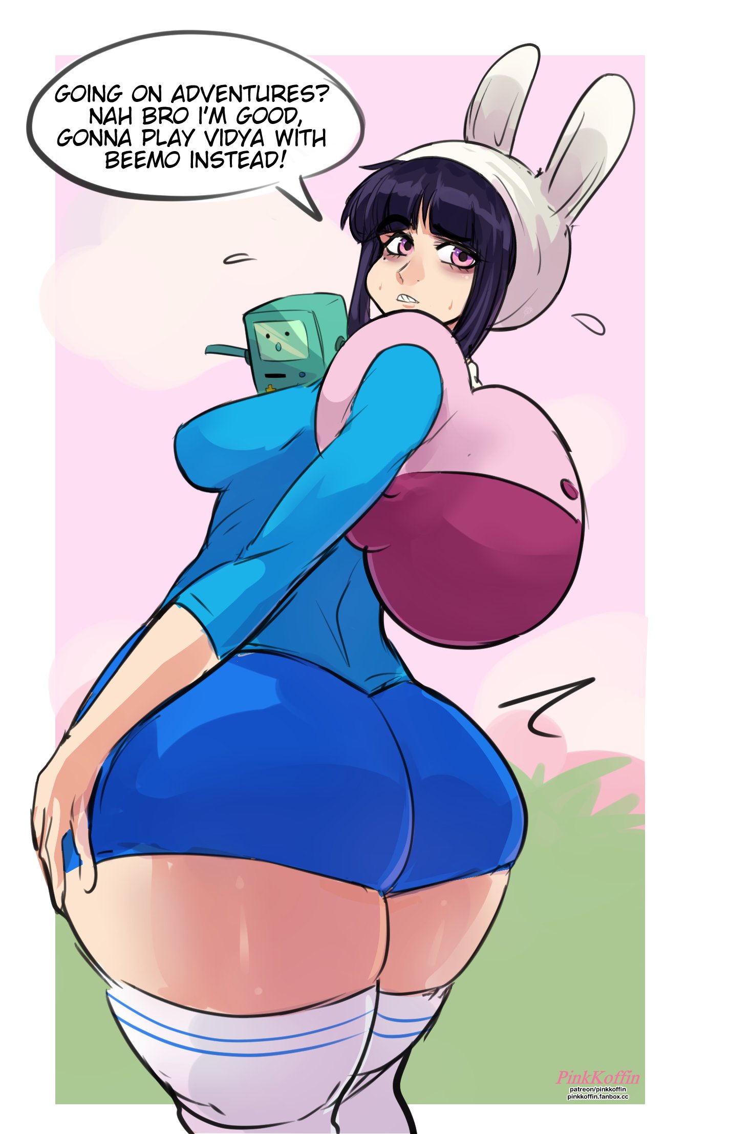 1girls, 2d, 2d (artwork), adventure time, adventure time: fionna & cake, ass, ass focus, behind view, big ass, big breasts, big butt, big butt (female), breasts, butt focus, cartoon network, clothed, clothed female, female, female focus, female only, fionna the human girl (cosplay), from behind, from behind position, hi res, huge ass, huge butt, koffin, large boobs, large breasts, light skin, light-skinned male, looking at viewer, original character, pink eyes, pink eyes female, pinkkoffin, purple hair, purple hair female, solo, solo female, solo focus, talking to viewer, thick thighs, thighs