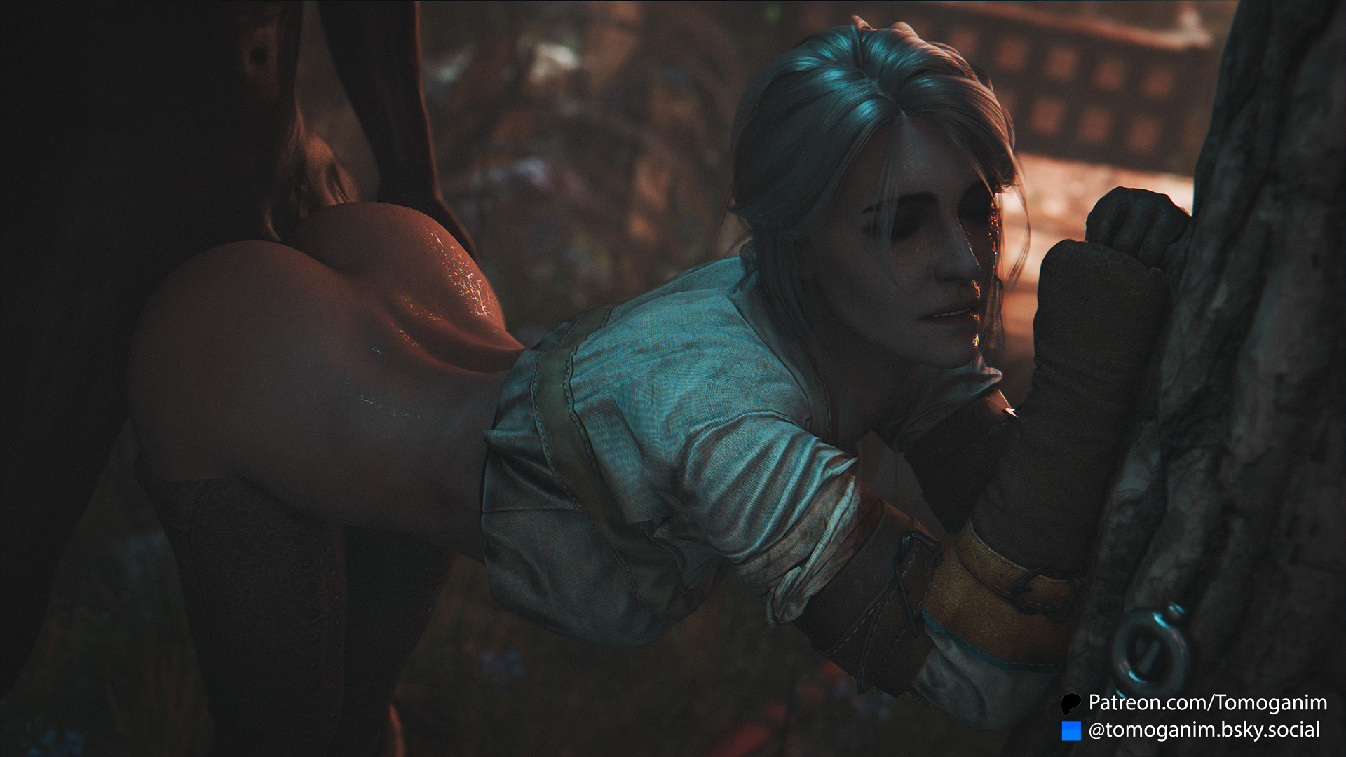 1boy, 1girls, 3d, ass, ass focus, bottomless, brown gloves, butt focus, ciri, dark skin, dark-skinned male, doggy style, gloves, interracial, light skin, light-skinned female, looking pleasured, the witcher (series), the witcher 3: wild hunt, tomoganim, vaginal penetration, vaginal sex