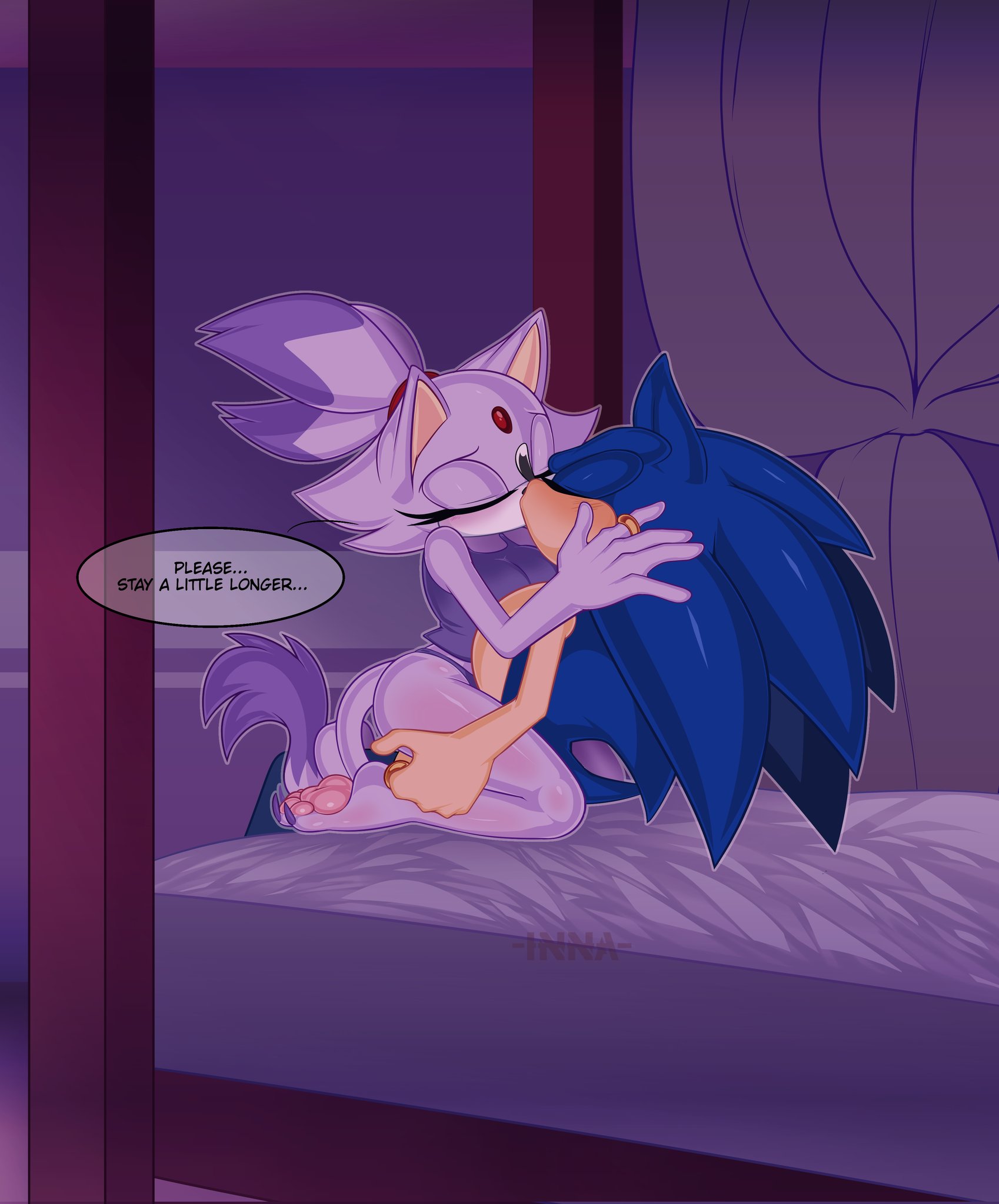 1boy, 1girls, anthro, anthro on anthro, bed, bedroom, blaze the cat, blue body, blue fur, cand1tty, closed eyes, clothed, clothed female nude male, clothing, cowgirl position, eulipotyphlan, feline, female, fur, half naked, hedgehog, kissing, male, mammal, naked, naked male, naked male with half naked female, nude, nude male, panties, partially clothed, pillow shading, purple fur, purple shirt, red hairband, ring, sega, shirt, sonic (series), sonic the hedgehog, sonic the hedgehog (series), straight, tail