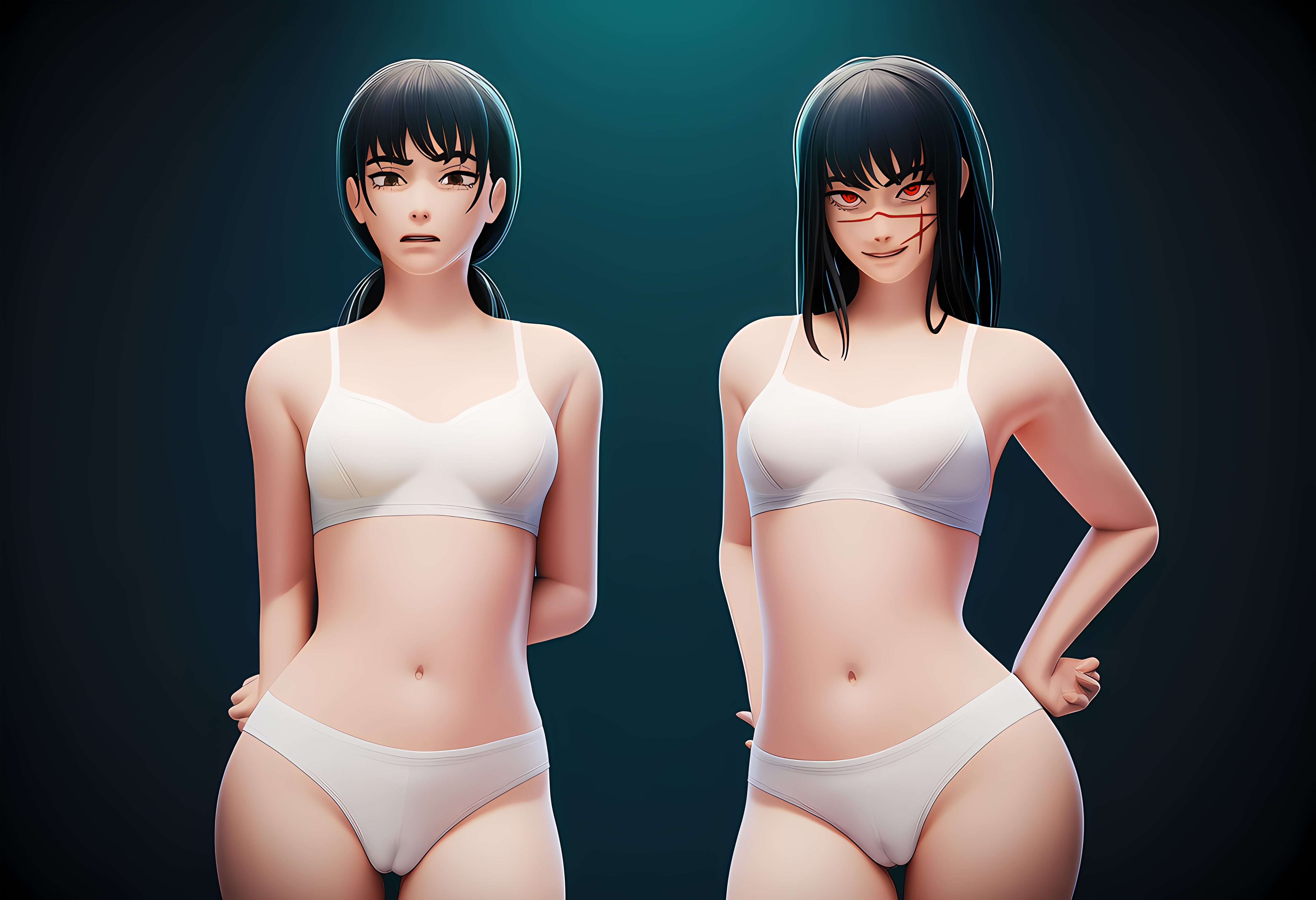 2girls, 2girls1boy, ai generated, chainsaw man, futaais23, mitaka asa, underwear, underwear only, yoru (chainsaw man)