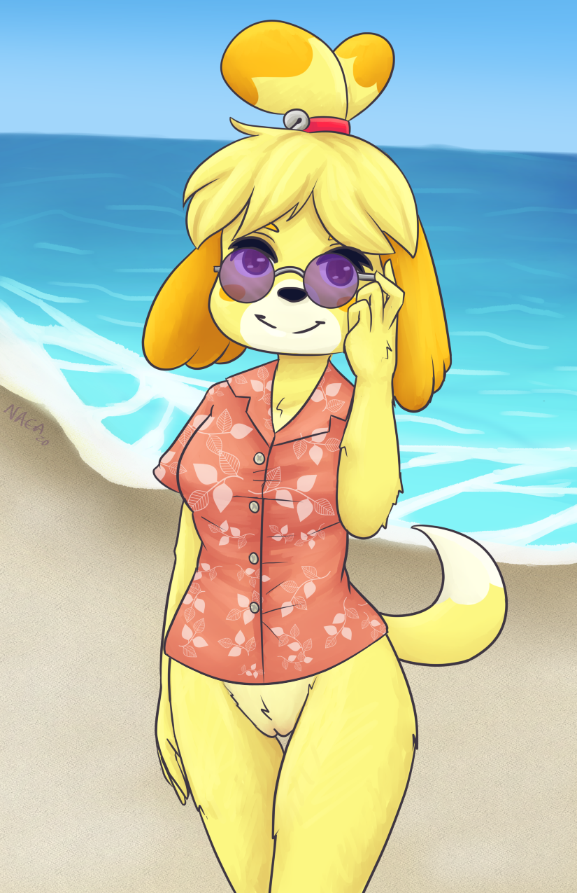 2020 animal_crossing anthro beach bottomless canid canine canis casual_exposure clothed clothing domestic_dog edit eyewear female fur furry furry_only genitals hi_res isabelle_(animal_crossing) kingnaga mammal nintendo partially_clothed pussy sea seaside shih_tzu shirt smile solo sunglasses tail topwear toy_dog video_games water yellow_body yellow_fur