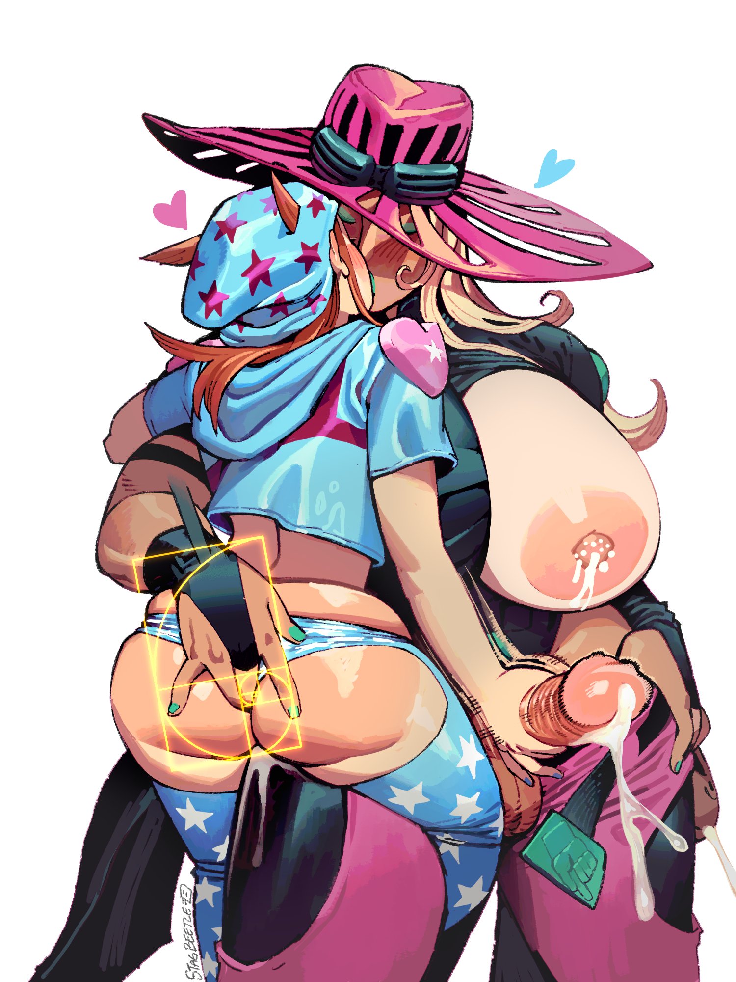 1futa, 1girls, balls, bbw, big balls, big penis, breastmilk, breasts, dialogue, duo, erection, female, futa on female, futa transformation, futanari, genderswap (mtf), grin, groping ass, gyro zeppeli, holding penis, huge breasts, huge cock, human, intersex, johnny joestar, jojo's bizarre adventure, lactating, lactation, light skin, light-skinned female, light-skinned futa, long hair, male, male to futa, one breast out, pants down, penis, precum, rule 63, shounen jump, stagbeetle, standing, steel ball run, text, transformation, undressing