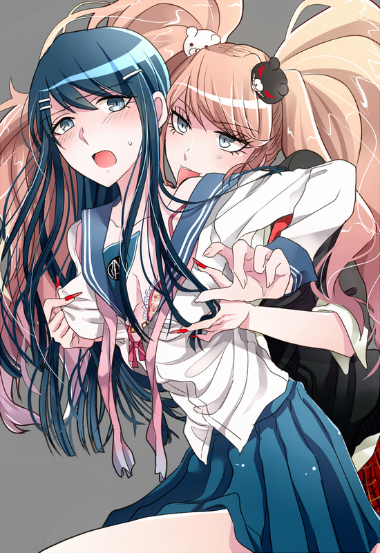 artist request, blonde hair, blue eyes, blue hair, bra, breasts, danganronpa, female, female/female, femdom, femsub, from behind, groping, horny, junko enoshima, maizono sayaka, rape, red nails, schoolgirl, shy, straight hair, tongue, tongue out, twintails, yuri