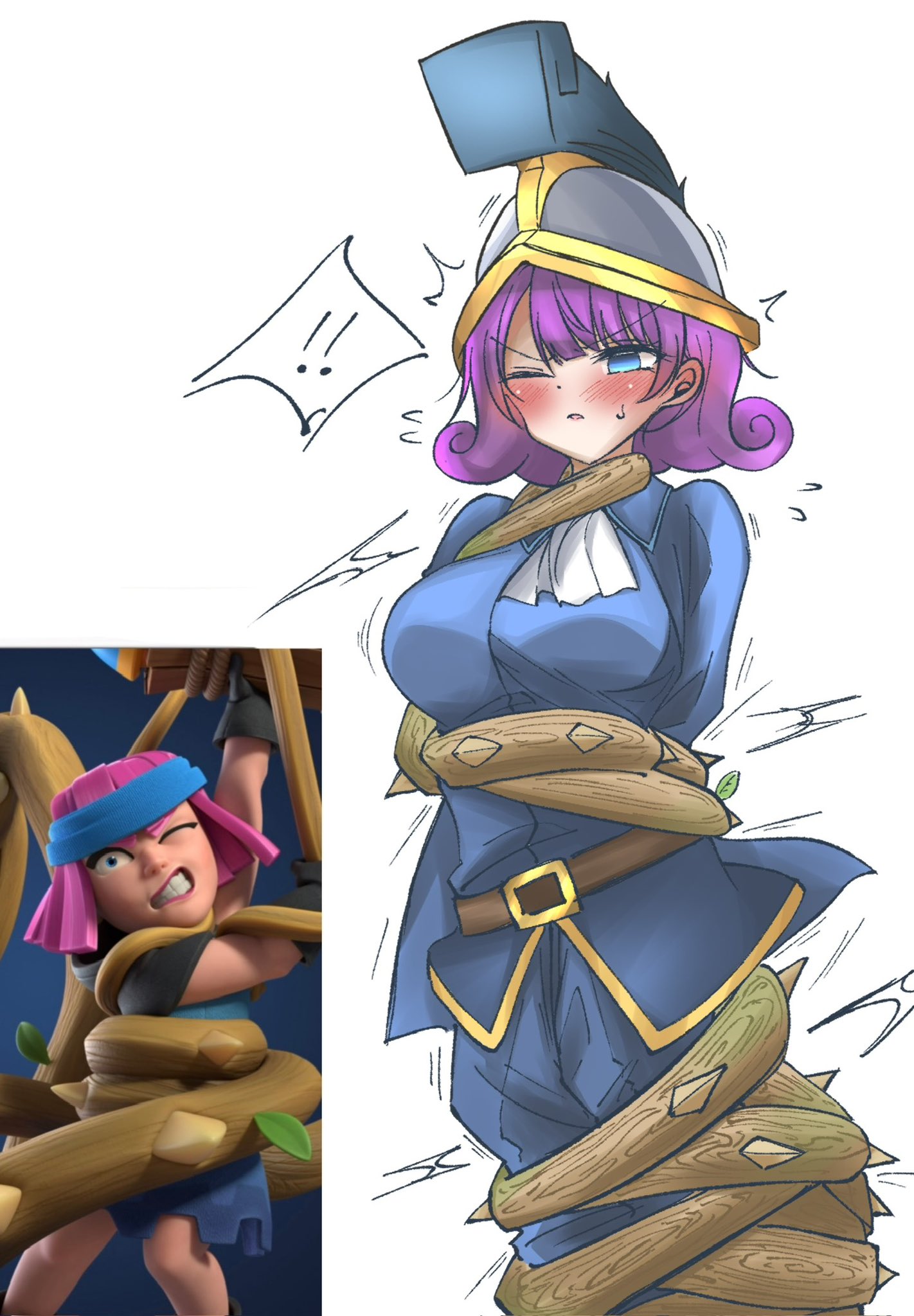 1girls, blush, bondage, clash (series), clash royale, clothed, female, haruse cr, supercell, sweat, sweatdrop, three musketeers (clash royale), vine bondage, vines, vines (clash royale)