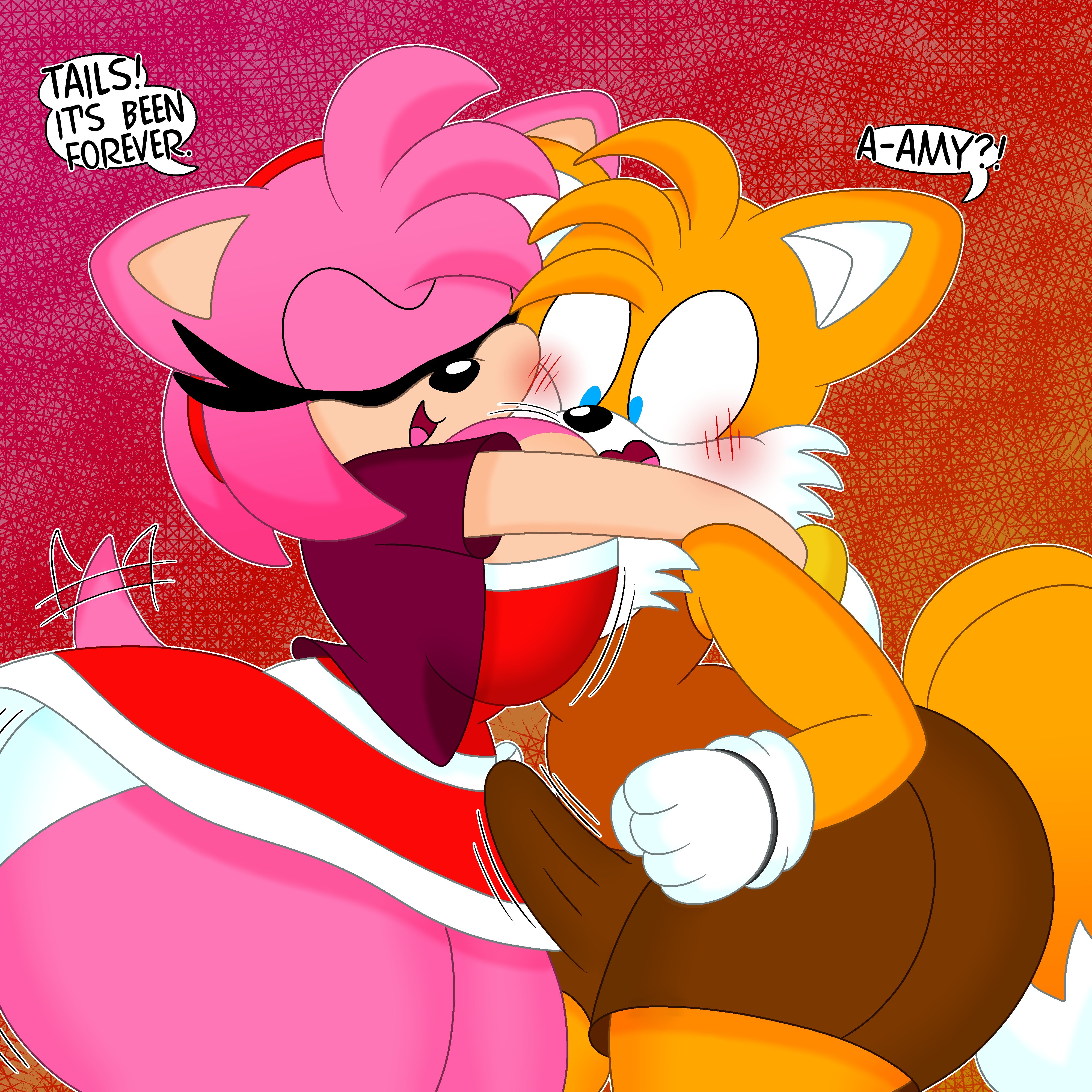 1:1, 1boy, 1girls, 2 tails, 2021, 3barts, absurd res, accessory, amy rose, anthro, ass, ass jiggle, big ass, big breasts, big butt, big penis, blonde hair, blue eyes, blush, bottomwear, bouncing ass, bouncing breasts, bouncing butt, breast jiggle, breasts, bulge, butt jiggle, canid, canine, chest tuft, cleavage, closed eyes, clothed, clothing, curvy figure, dialogue, digital media (artwork), dress, duo, english text, erection, eulipotyphlan, eyelashes, face in breasts, female, femboy, femboy on female, fingers, fox, fur, genitals, girly, gloves, hair, handwear, headband, hedgehog, hi res, hourglass figure, hug, huge ass, huge breasts, huge butt, male, male/female, mammal, multi tail, multicolored body, multicolored fur, panties, panty shot, penis, pink body, pink fur, pink hair, sega, shirt, shorts, simple background, smile, sonic (series), sonic the hedgehog (series), standing, straight, tails, tails the fox, tailwag, tan body, tan fur, tank top, text, thick thighs, tongue, topwear, tuft, underwear, voluptuous, white body, white fur, wide hips, yellow body, yellow fur