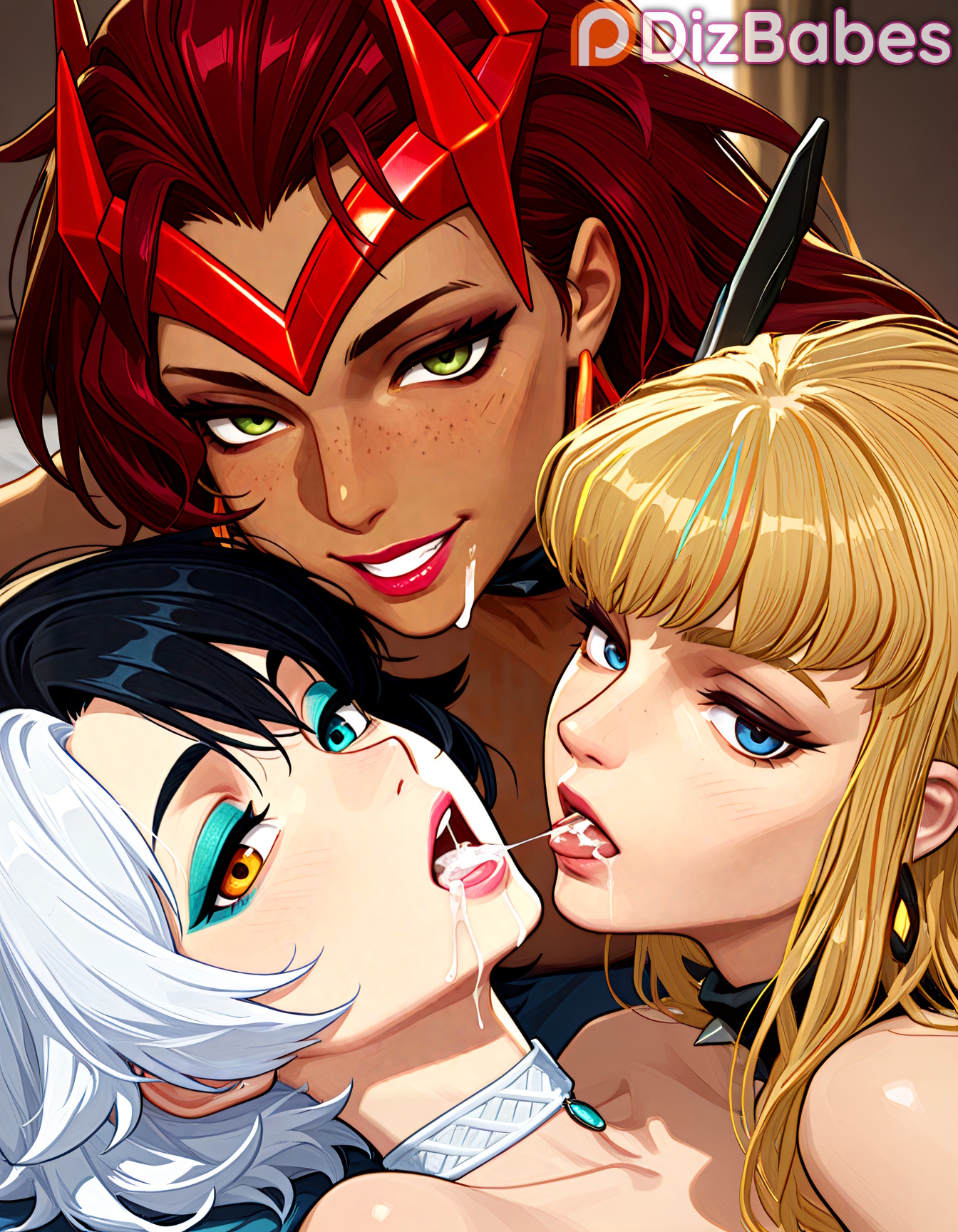 2futas, after sex, ai generated, armor, black hair, blonde hair, choker, cum, cum in mouth, cum on face, cum on tongue, dizbabes, eating cum, female, futa on female, futanari, headgear, heterochromia, jewelry, long hair, looking at viewer, luna snow, luna snow (marvel rivals), magik (illyana rasputin), magik (marvel rivals), marvel, marvel rivals, multicolored hair, necklace, open mouth, scarlet witch, scarlet witch (marvel rivals), short hair, stable diffusion, superheroine, threesome, tongue out, video games, wanda maximoff, white hair