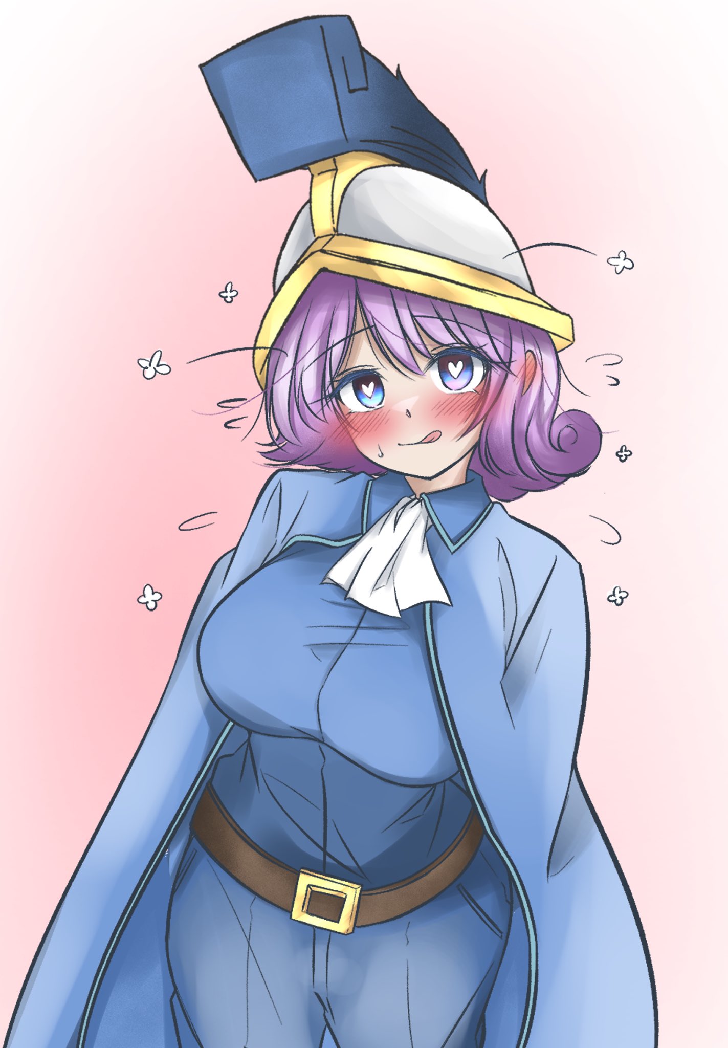 1girls, blush, clash (series), clash royale, clothed, female, haruse cr, heart-shaped pupils, supercell, sweat, sweatdrop, three musketeers (clash royale)