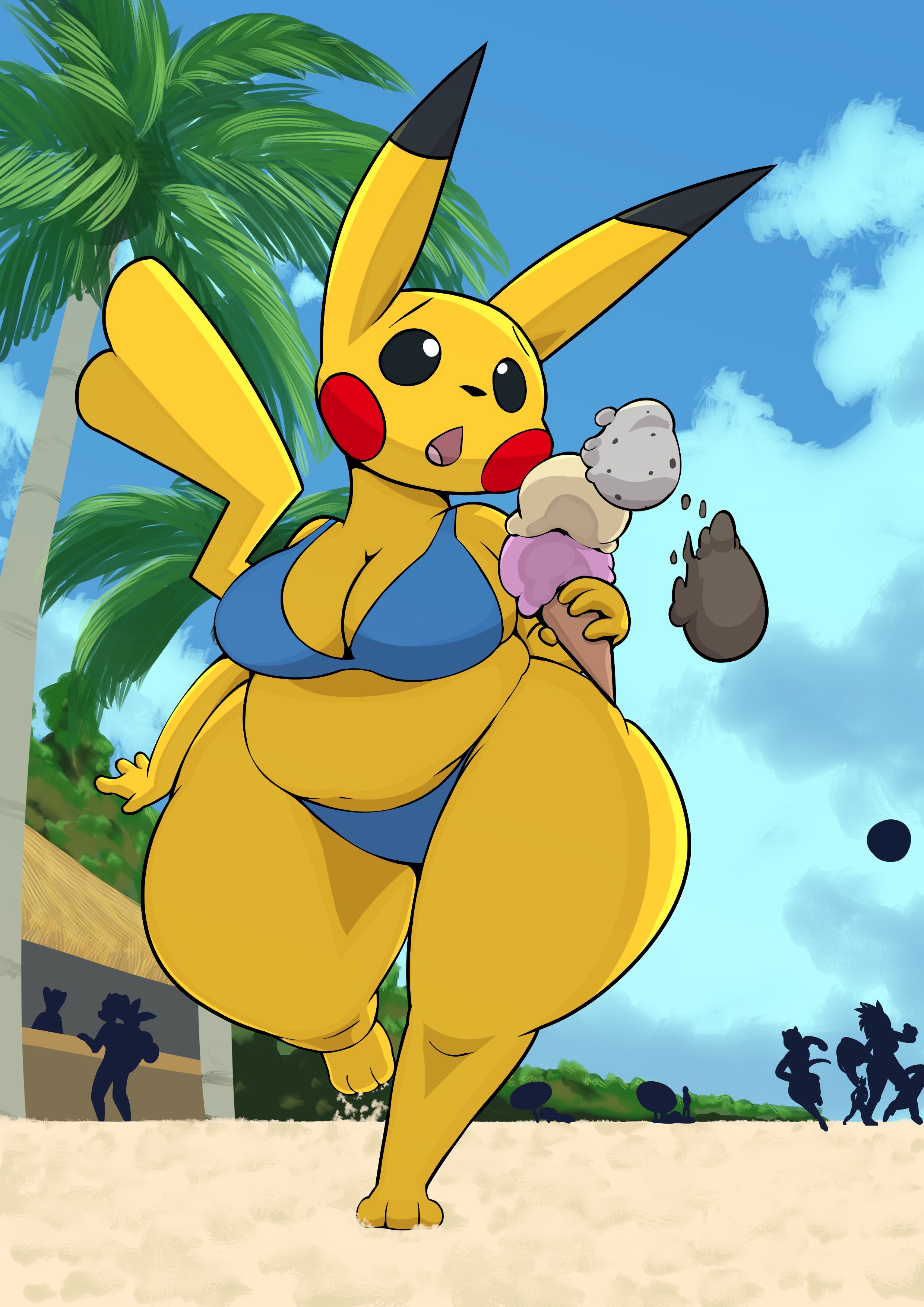 :o, 1girls, 2020, 4 fingers, anthro, anthrofied, ass, beach, bikini, blue bikini, bottom heavy, breasts, chubby, chubby female, cleavage, clothed, curvy, disappointed, female, female focus, female only, furry, furry only, game freak, hi res, highres, hips, ice cream, medium breasts, nintendo, open mouth, outdoors, outside, overweight, overweight female, pikachu, plaga, pokémon (species), pokemon, pokemon (species), pokemon rgby, sand, shortstack, solo, solo focus, thick thighs, thighhighs, thighs, voluptuous, wide hips