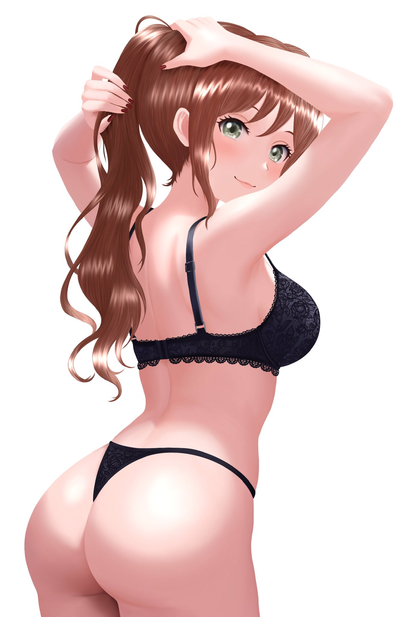 1girls, ass, bang dream!, bang dream! girls band party!, blush, bra, breasts, brown hair, green eyes, hi res, highres, imai lisa, lingerie, long hair, looking at viewer, looking back, mikan zakuro, nail polish, panties, ponytail, simple background, smile, thong, tying hair, underwear, white background