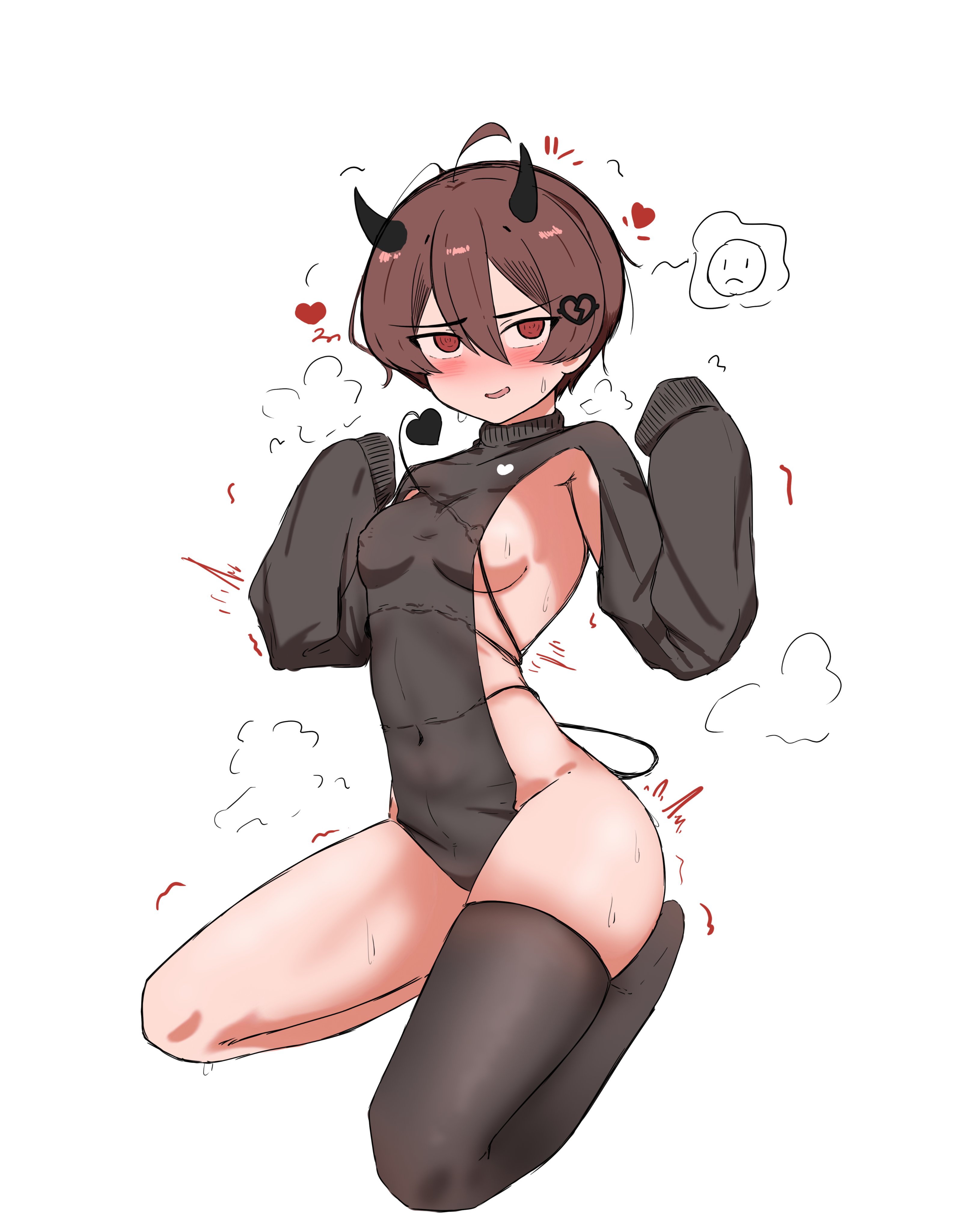 :(, 2025, aged up, alternate costume, alternate hairstyle, black clothing, blush, blushing, breasts, brown hair, demon, demon girl, demon horns, devil, devil girl, devil horns, embarrassed, emoji, evil neuro, female, hair ornament, heart, heart symbol, horns, indie virtual youtuber, kneeling, lightminepoteto, looking at viewer, navel outline, nipple outline, one thighhigh, oversized sleeves, red eyes, sad face, short hair, sideboob, smile, solo, spade tail, tail wrapped around body, tremble spikes, vedal ai, virtual youtuber, vtuber, wavy mouth, white background