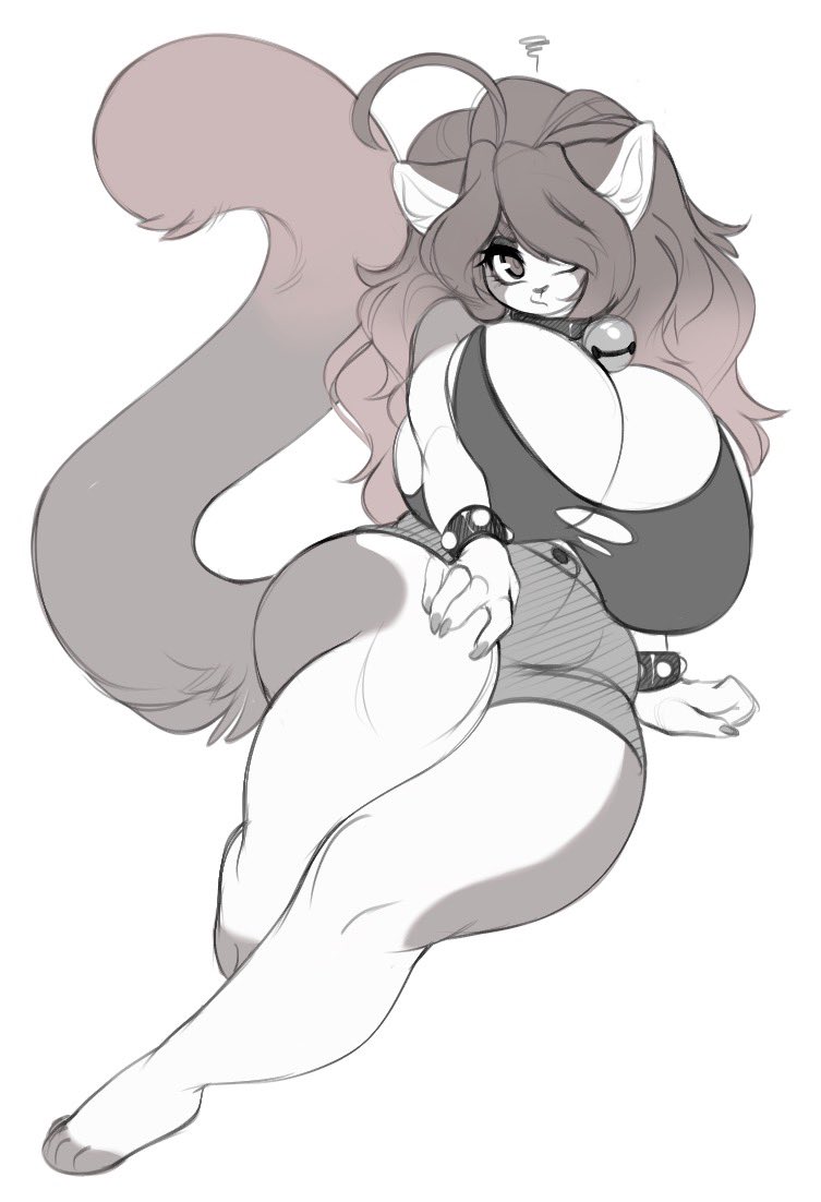 5 fingers, anthro, bell, big breasts, big tail, breasts, buxbi, cleavage, cleavage overflow, clothed, clothing, collar, crossed legs, feet, feline, female, female only, fur, hair, huge breasts, long hair, nikki (secretly saucy), original, original character, shorts, tail, thick thighs, thighs, upset