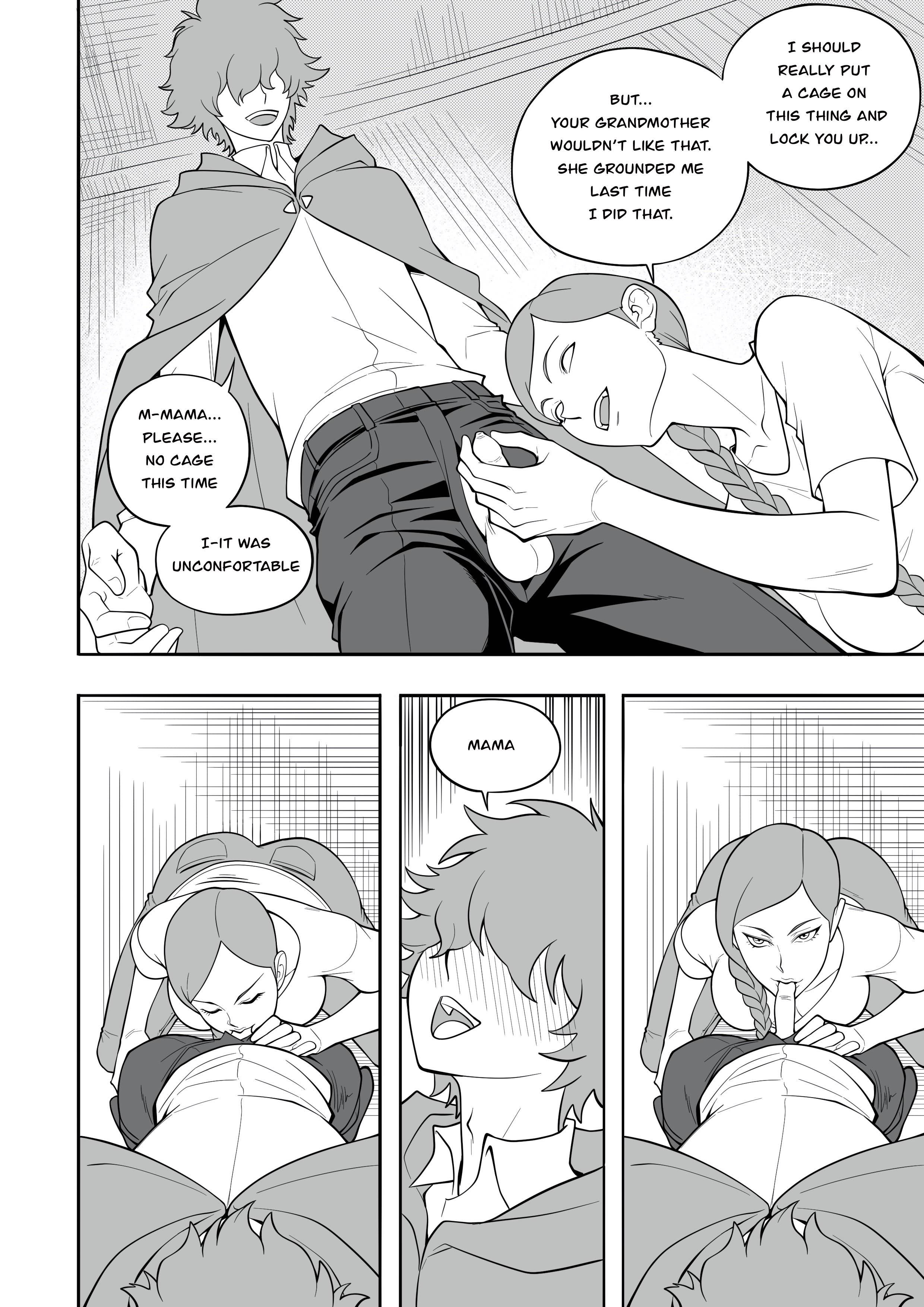 2d, 2d (artwork), 2d artwork, balls, balls out, ballsack, black and white, blow job, blowjob, blush, blush lines, blushing male, er0popo, eye contact, fellatio, femboy, incest, lewd red riding hood (monstershake), long hair, manga, manga page, manga style, moan, moaning, moaning in pleasure, monstershake, mother, mother and child, mother and son, penis, penis out, red (monstershake), red riding hood, red's mother (monstershake), sayuri milkshake, short hair, small penis, small testicles, son, sucking, sucking cock, sucking penis, testicles, testicles out, tip, tip in mouth, twink