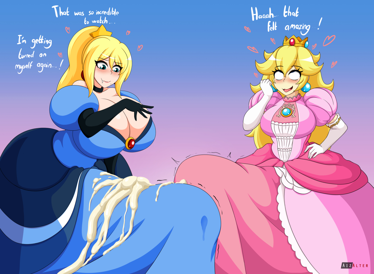 2futas, aizalter, alternate version available, big breasts, big penis, breasts, breasts bigger than head, bulge, clothed, clothing, dialogue, duo, english text, erect penis, erection, fully clothed, futa only, futanari, huge breasts, huge bulge, huge cock, human, hyper, hyper penis, intersex, light skin, light-skinned futa, mario (series), metroid, penis, penis under clothes, penis under skirt, princess peach, princess samus, samus aran, standing, tagme, tenting, text, wide hips