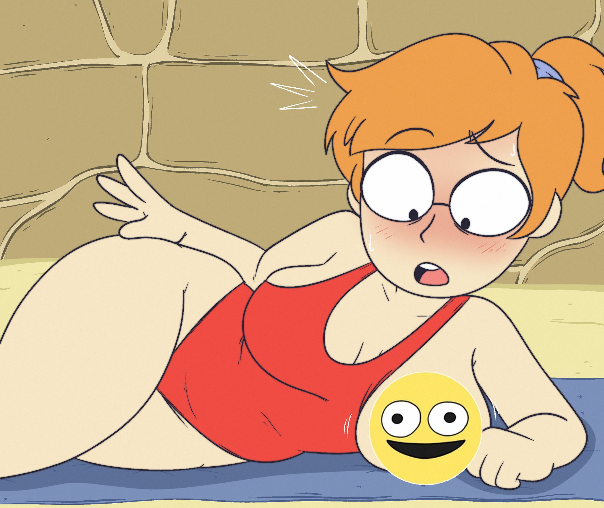1girls, adult swim, areola, ass, beach, beach towel, big ass, big breasts, big thighs, biting lip, blush, breast slip, breasts, censored, censored nipples, exposed breasts, female, female focus, female only, glasses, looking at viewer, mindgasmyt, nipples, one-piece swimsuit, orange hair, ponytail, smiling friends, swimsuit, thick thighs, thighs, wide hips, zoey (smiling friends)