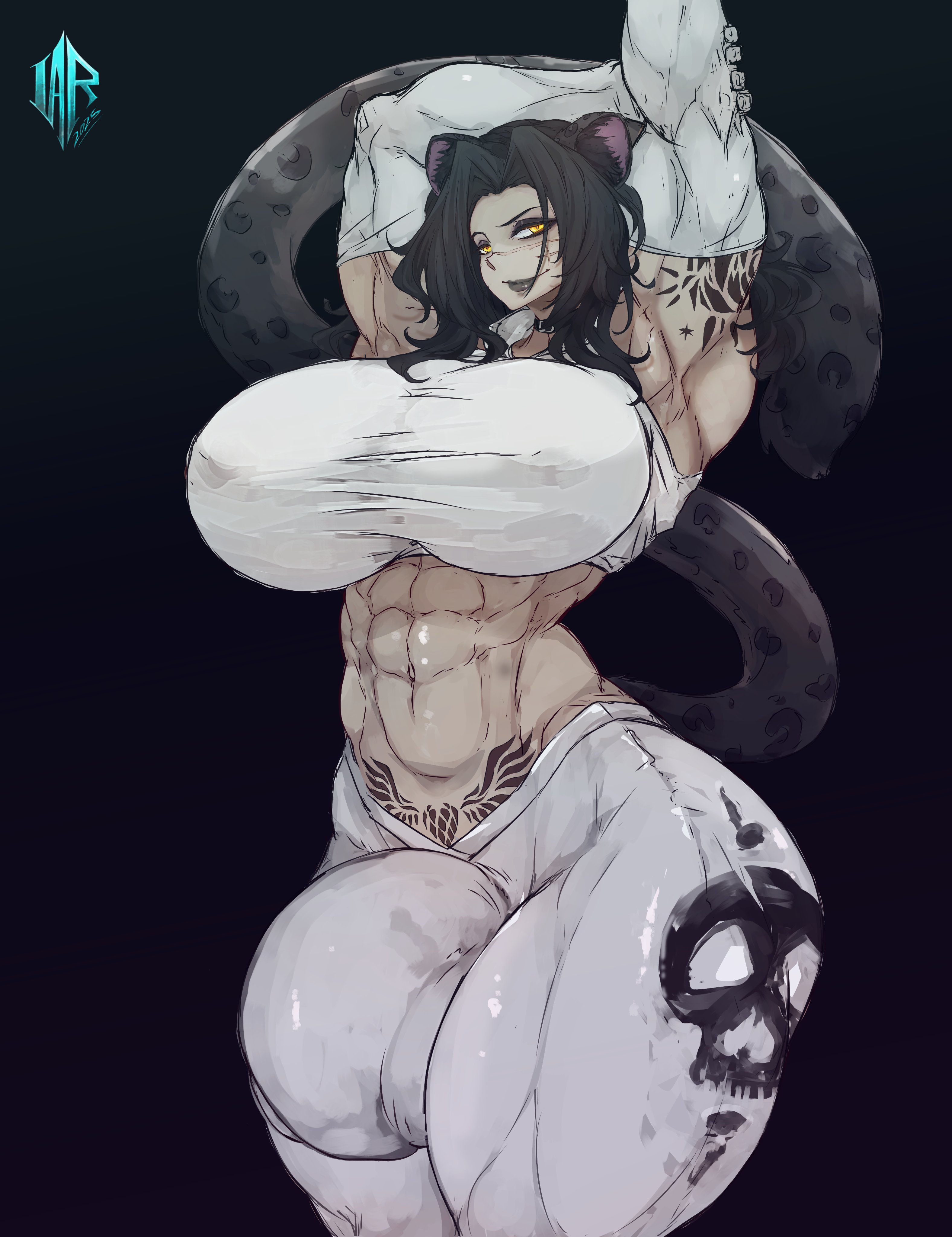abs, animal ears, arm gloves, armpits, arms up, bulge, futa only, futanari, glowing eyes, huge breasts, huge bulge, ikeartrellatab, looking at viewer, muscular, muscular futa, slit pupils, snow leopard girl, tail, tight pants, womb tattoo, yellow eyes