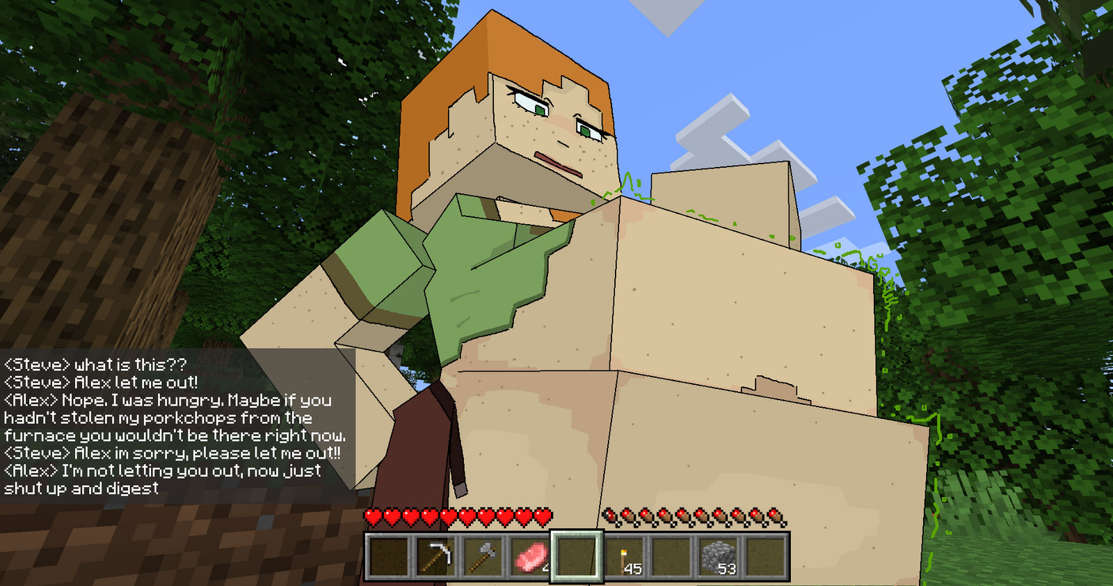 1girls, alex (minecraft), female, female pred, hyper, hyper belly, male prey, microsoft, minecraft, red hair, same size vore, steve (minecraft), text, thiccydoofartz, vore, vore belly