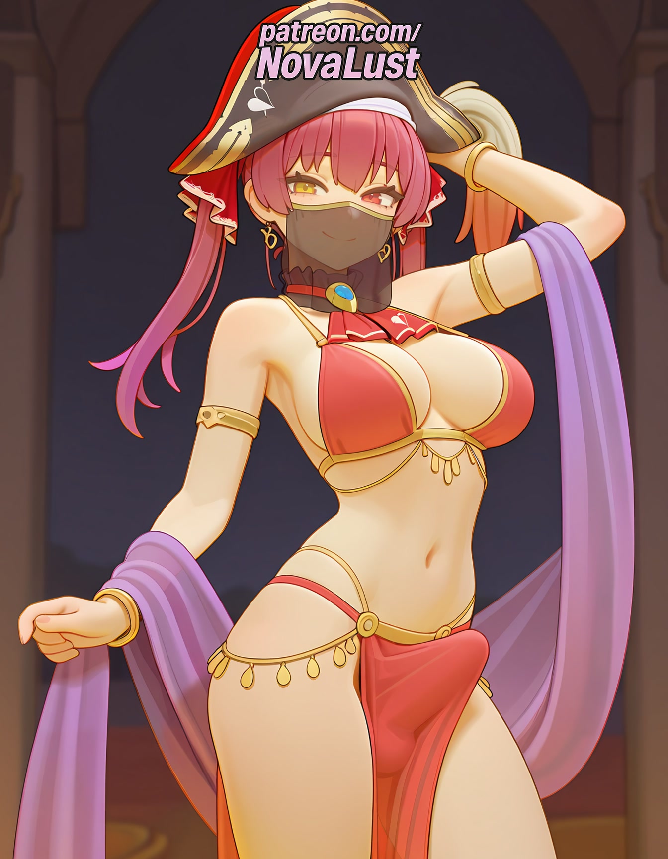 1futa, 2025, ai generated, artist name, big breasts, big chest, breasts, bust, busty, chest, futanari, heterochromia, hi res, high quality, high resolution, highres, hololive, houshou marine, jewelry, large breasts, leotard, long hair, looking at viewer, navel, novalust, patreon, patreon username, pirate hat, red eyes, red hair, solo, stable diffusion, twintails, virtual youtuber, watermark, yellow eyes