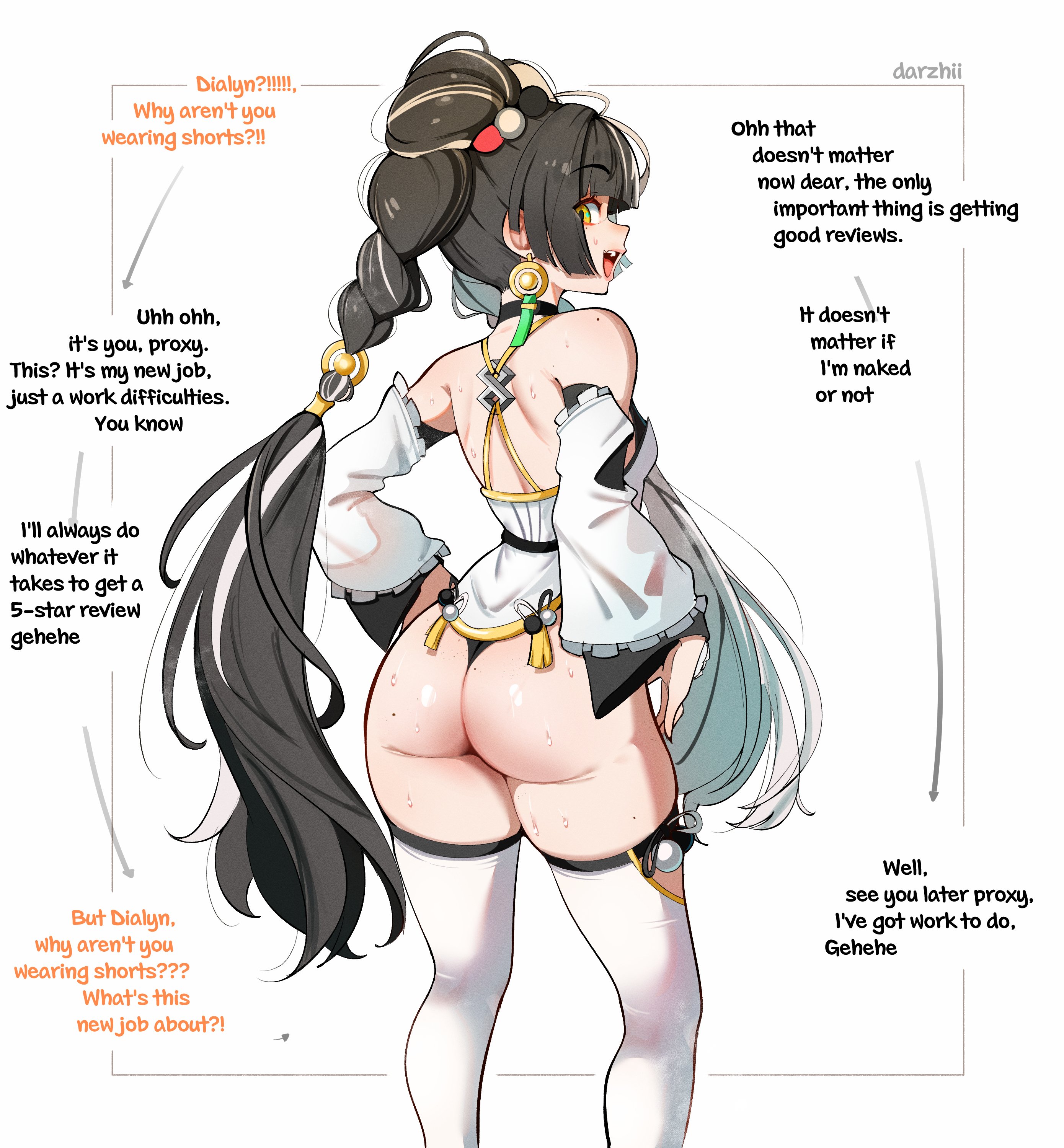 1girls, ass, black hair, darzhii, detached sleeves, dialogue, dialyn (zenless zone zero), english text, female, female only, hair ornament, hair ornaments, hoyoverse, light skin, light-skinned female, mihoyo, mihoyo technology (shanghai) co. ltd., prostitution, solo, text, thigh highs, thighhighs, zenless zone zero