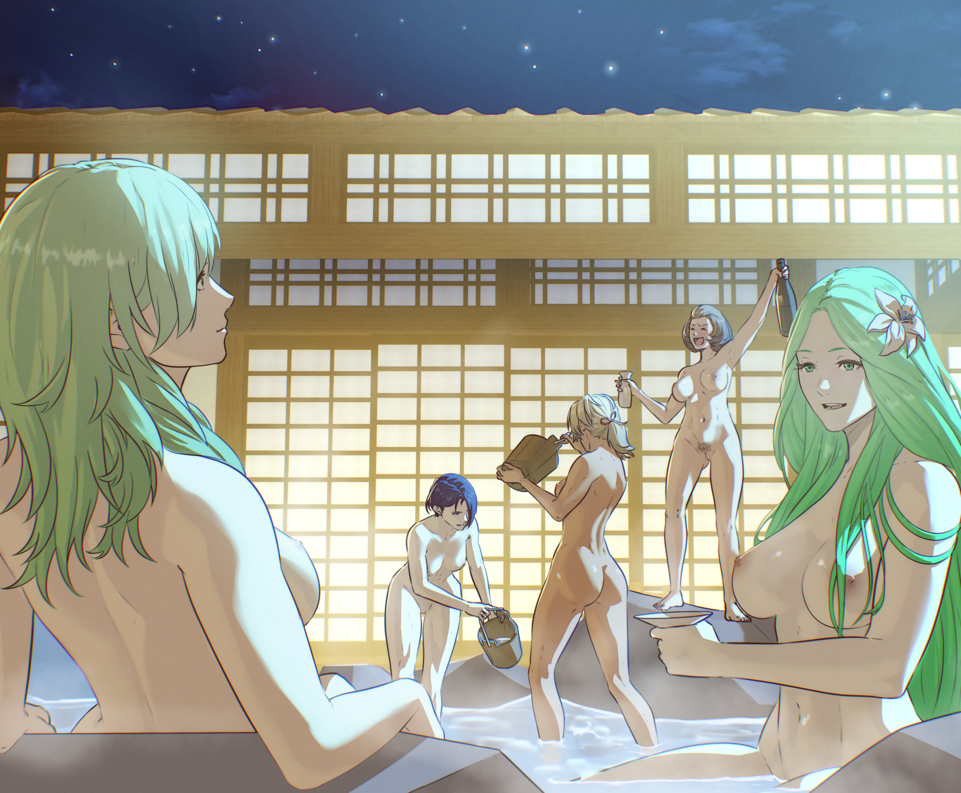 5girls, absurdres, alcohol, armpits, ass, ass visible through thighs, back, blonde hair, blue hair, bottle, breasts, brown hair, bucket, catherine (fire emblem), choko (cup), completely nude, cup, dark skin, dark-skinned female, drunk, female byleth (awakened) (fire emblem), female byleth (fire emblem), female pubic hair, fire emblem, fire emblem: three houses, flower, from behind, green eyes, green hair, hair flower, hair ornament, highres, holding, holding bottle, large breasts, long hair, manuela casagranda, medium breasts, multiple girls, navel, night, night sky, nintendo, nipples, nude, onsen, outdoors, pomelomelon, ponytail, pubic hair, purple eyes, rhea (fire emblem), same-sex bathing, shamir nevrand, shared bathing, short hair, sky, star (sky), starry sky, very long hair, wading, wooden bucket