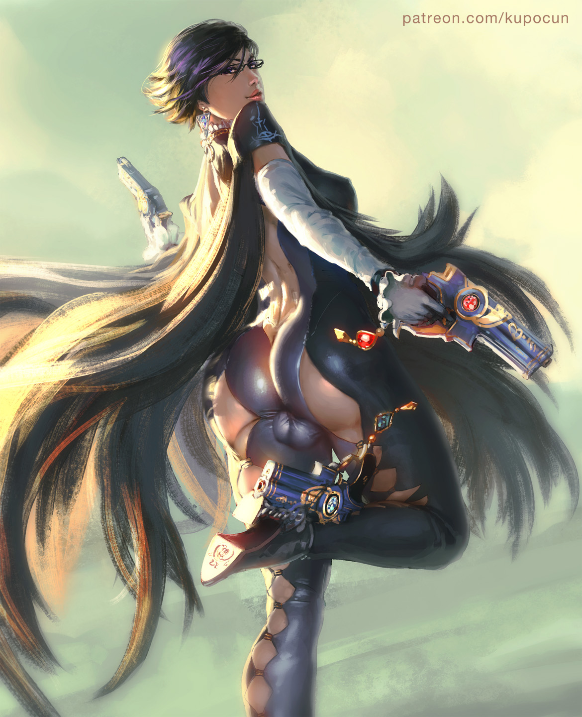 1futa, ass, balls, bayonetta, bayonetta (character), big ass, big breasts, breasts, dickgirl, futa only, futanari, high heels, intersex, kupocun, large breasts, looking at viewer, looking back, solo, testicles, thick thighs