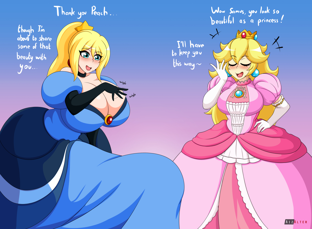 2futas, aizalter, big breasts, big penis, breasts, breasts bigger than head, bulge, closed eyes smile, clothed, clothing, crossover, dialogue, duo, english text, erect penis, erection, fully clothed, futa only, futanari, huge breasts, huge bulge, huge cock, human, hyper, hyper penis, intersex, light skin, light-skinned futa, mario (series), metroid, penis, penis under clothes, penis under skirt, princess peach, princess samus, samus aran, standing, tagme, tenting, text, wide hips