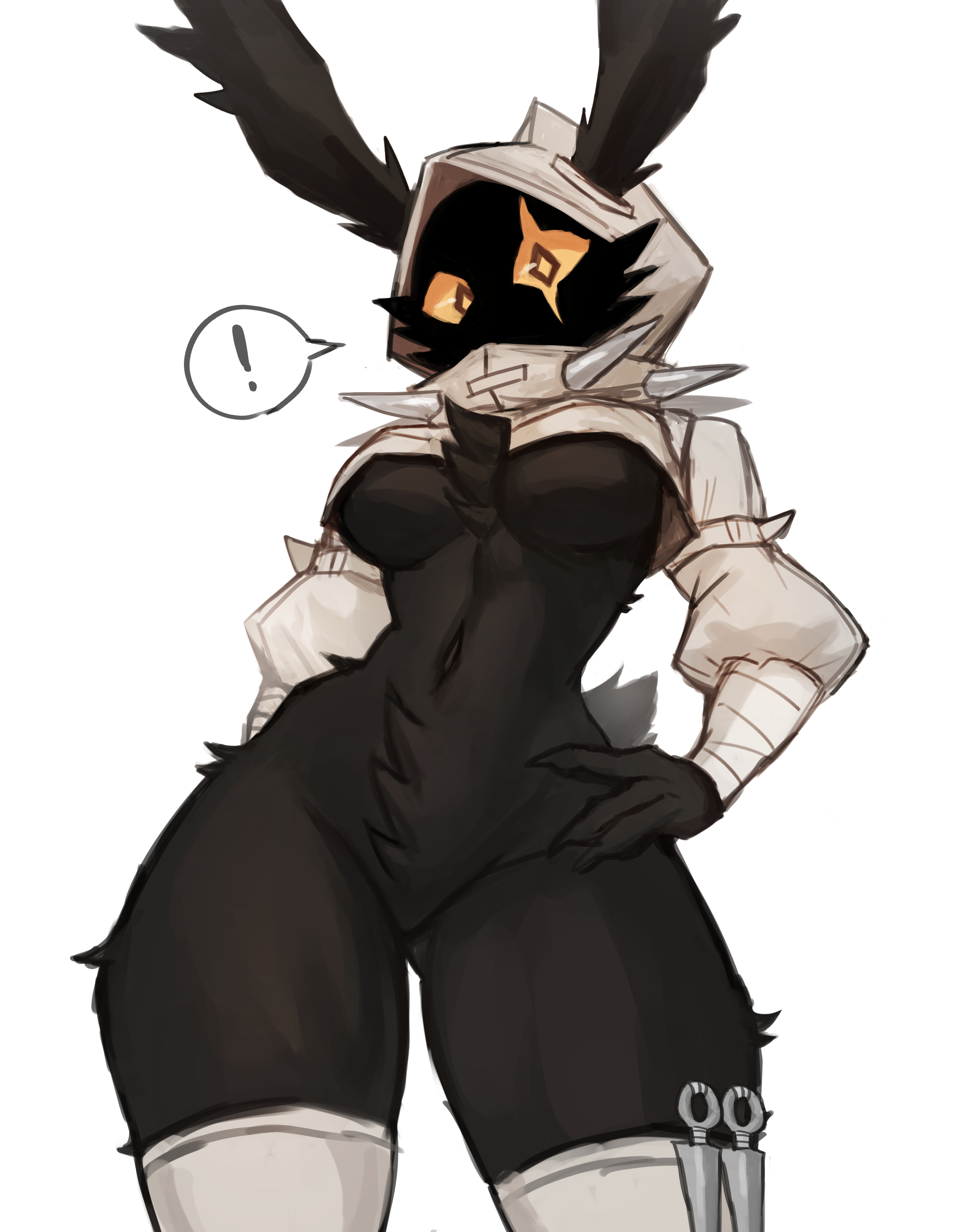 black fur, bunny ears, bunny girl, cropped jacket, female, female focus, female only, furry, furry female, hood, kil vi, looking at viewer, original character, scar across eye, short tail, solo, sookmo, spiked collar, tail, thighhighs, thighs, tuft, white background, yellow sclera