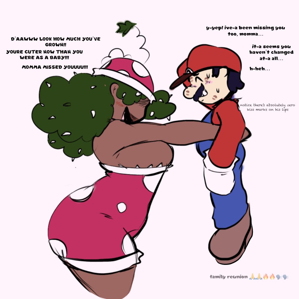 blush, curly hair, dark-skinned female, fluffy hair, giygal, kiss marks, mario, mario (series), mommy, nintendo, piranha plant, piranha plant girl, rani (giygal), sfw, super mario bros., wholesome