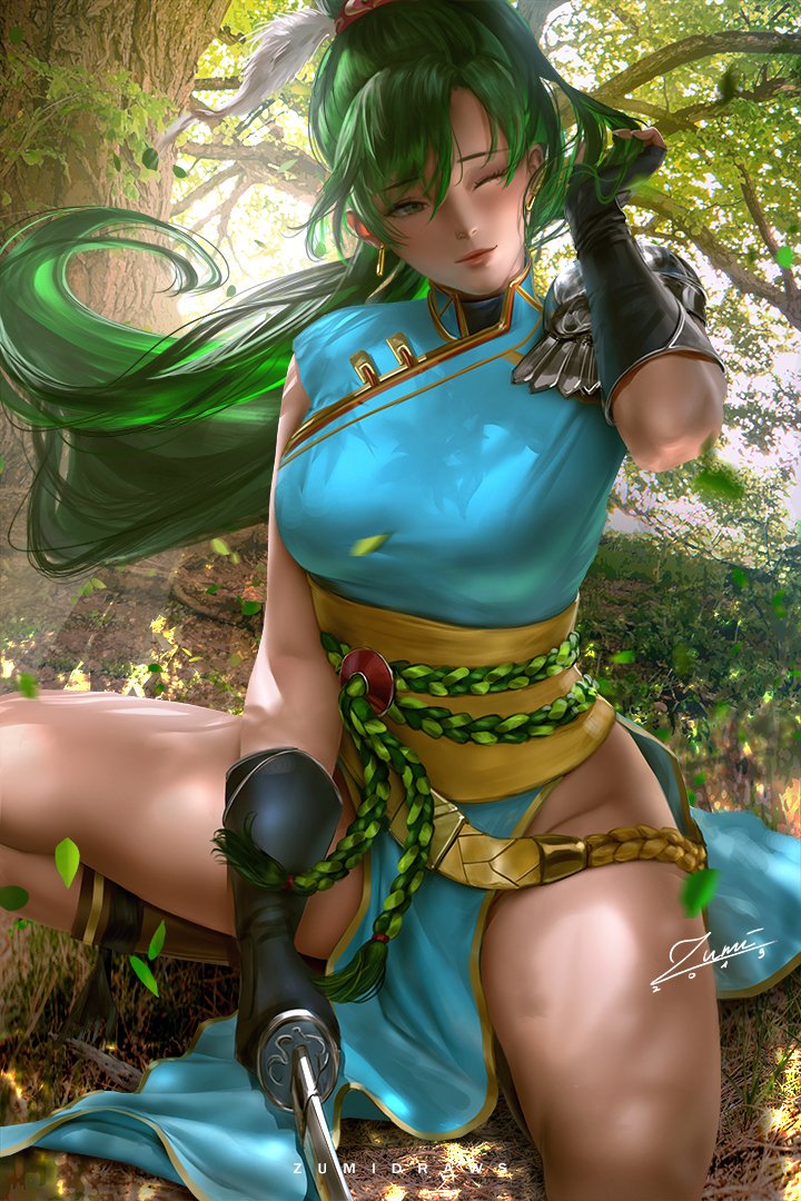 black gloves, breasts, clothed, detailed background, earrings, female, female only, fingerless gloves, fire emblem, fire emblem: the blazing blade, gloves, green eyes, green hair, leather gloves, lyn (fire emblem), lyndis (fire emblem), medium breasts, nature, ponytail, shaded, solo, spread legs, sword, watermark, zumi