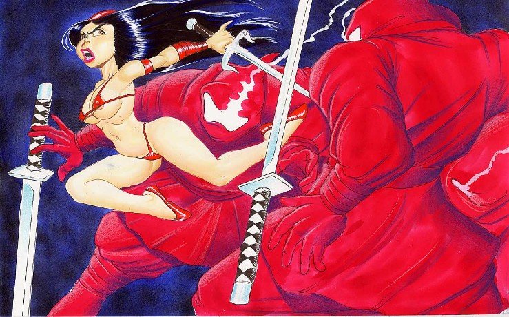 barry_blair daredevil_(series) elektra_natchios hand_ninja katana marvel sai_(weapon) straight_hair sword weapon