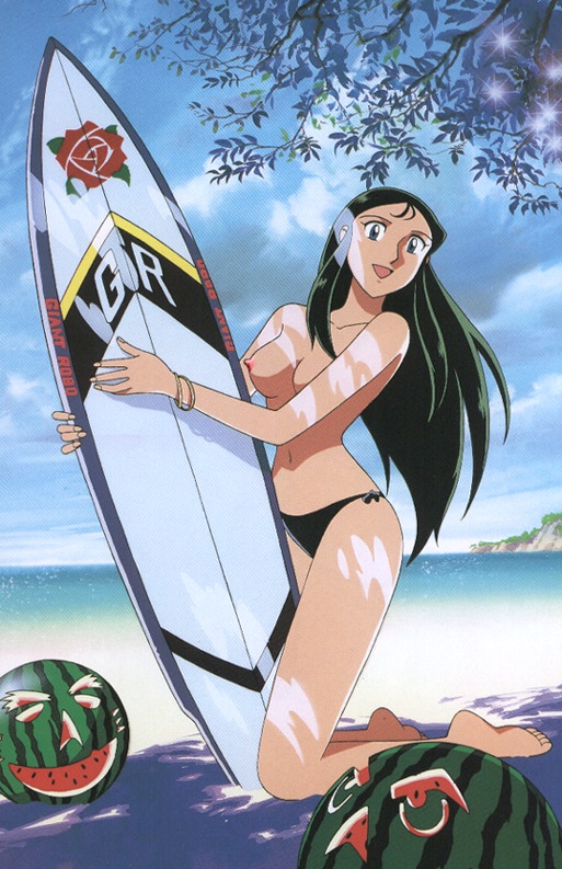 1girls 90s beach bikini black_hair blue_eyes breasts curvaceous edit female food fruit giant_robo ginrei green_hair human kubooka_toshiyuki large_breasts long_hair nipples nude_filter official_art pale-skinned_female pale_skin solo surfboard swimsuit topless watermelon wide_hips