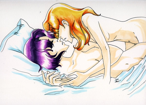 2girls about_to_kiss breasts eyes_covered female human in_bed juri_arisugawa laguzinthelake large_breasts leaning_over lesbian light-skinned_female light_skin long_hair lying_on_side multiple_girls nude orange_hair purple_hair revolutionary_girl_utena shiori_takatsuki short_hair yuri