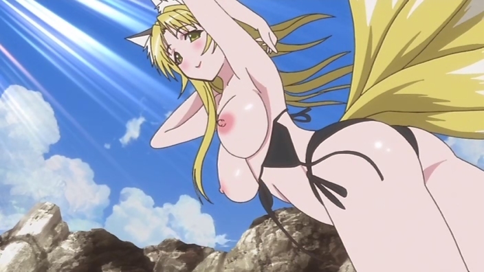 animal_ears animal_tail armpits arms_up bikini blonde_hair breasts fox_ear fox_tail kanokon long_hair mature_female minamoto_tamamori monster_girl mother nipples no_nose pointy_chin screencap screenshot side-tie_bikini swimsuit tail tamamo yellow_eyes