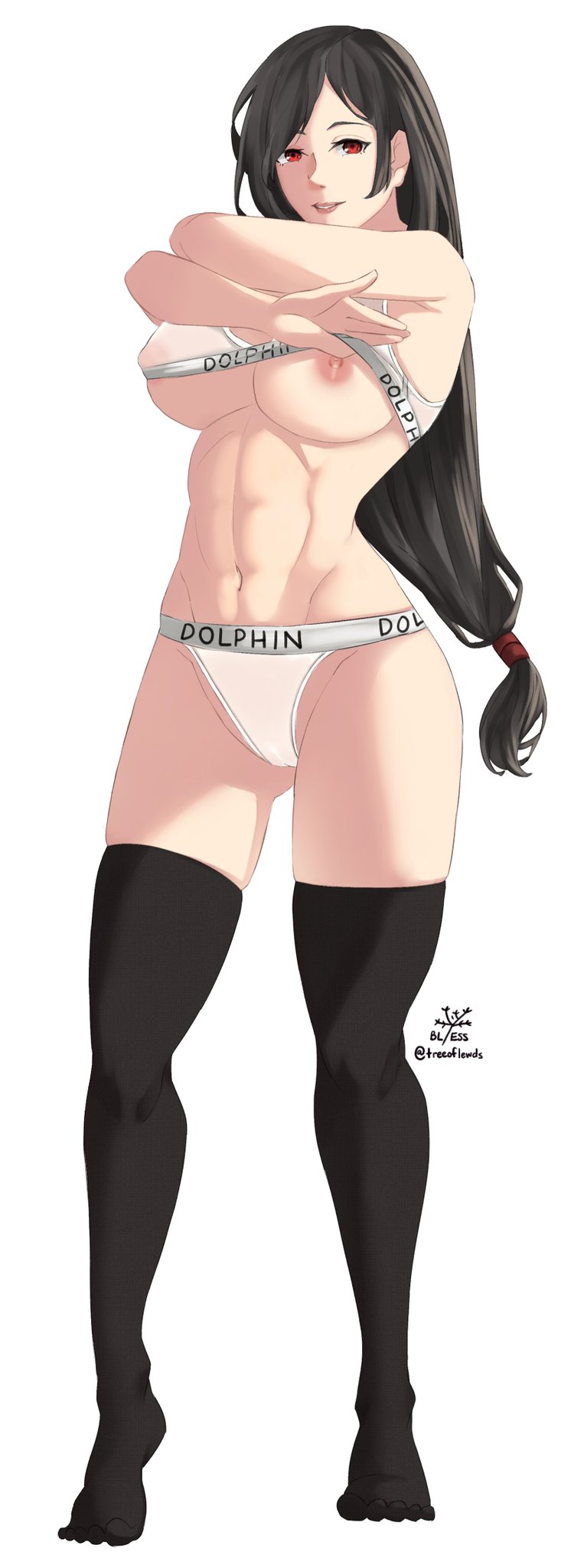 1girls, areolae, big breasts, bl/ess, black hair, breasts, female, female only, final fantasy, final fantasy vii, long hair, looking at viewer, nipples, no shoes, panties, red eyes, simple background, smile, solo, stockings, thighhighs, tifa lockhart, underwear, undressing, white background