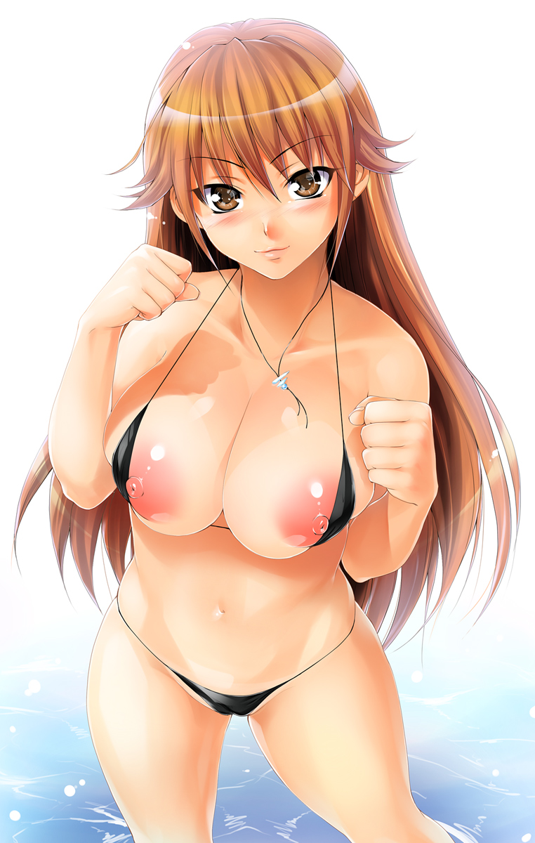 1girls areola bikini bikini_pull blush breast_squeeze breasts brown_eyes brown_hair bursting_breasts clenched_hands curvy female female_only fist highres ichigo_100 ichigo_100_percent jewelry kitaoji_satsuki large_breasts long_hair looking_at_viewer micro_bikini necklace nipples shinozuka_jouji shiny shiny_skin smile solo strawberry_100 swimsuit tan tanline water