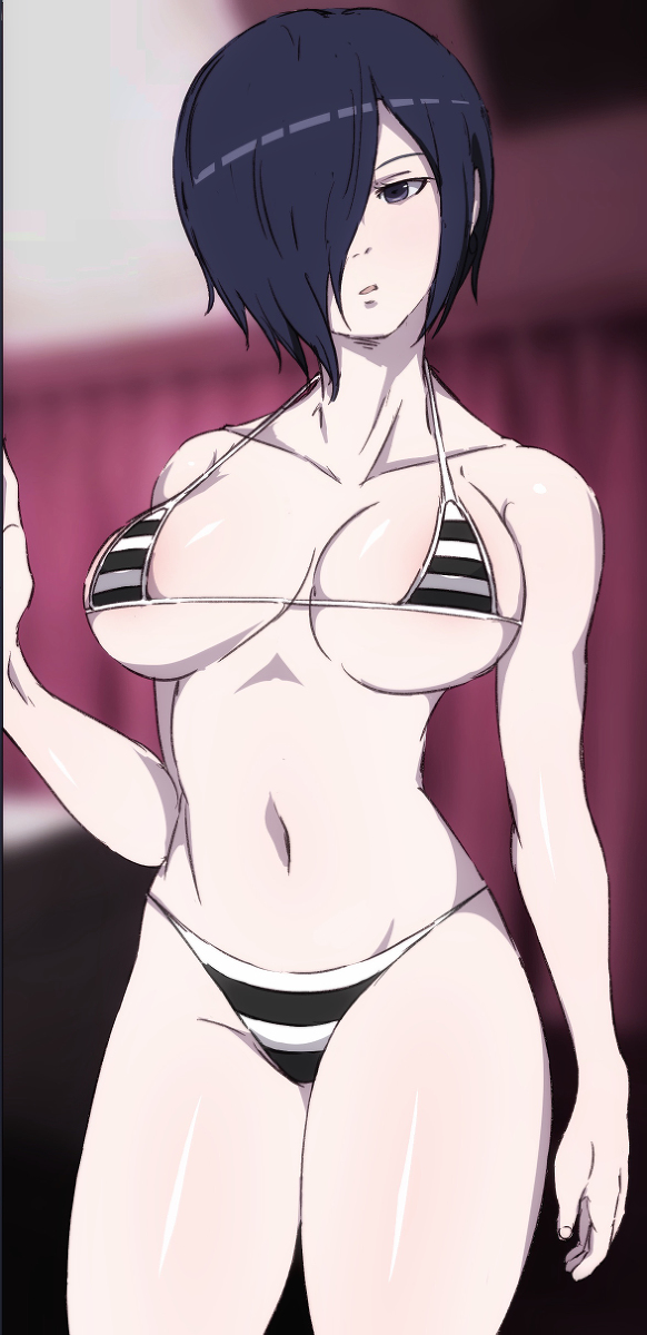 1girls, alternate breast size, big breasts, bikini, bikini bottom, bikini top, breasts, female, female only, hair covering eye, kirishima touka, light skin, light-skinned female, looking at viewer, ondisk, one eye covered, pale skin, pale-skinned female, short hair, small top, solo, swimsuit, thighs, tokyo ghoul