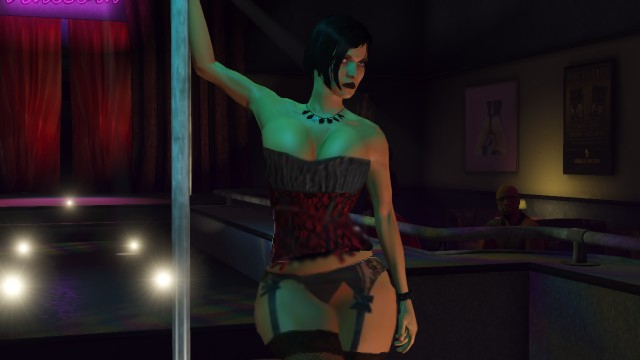 1girls 3d big_ass big_breasts black_hair black_lipstick chastity_(grand_theft_auto_v) cleavage corset edit grand_theft_auto grand_theft_auto_v lipstick necklace pole_dancing stockings stripper stripper_pole tagme underwear