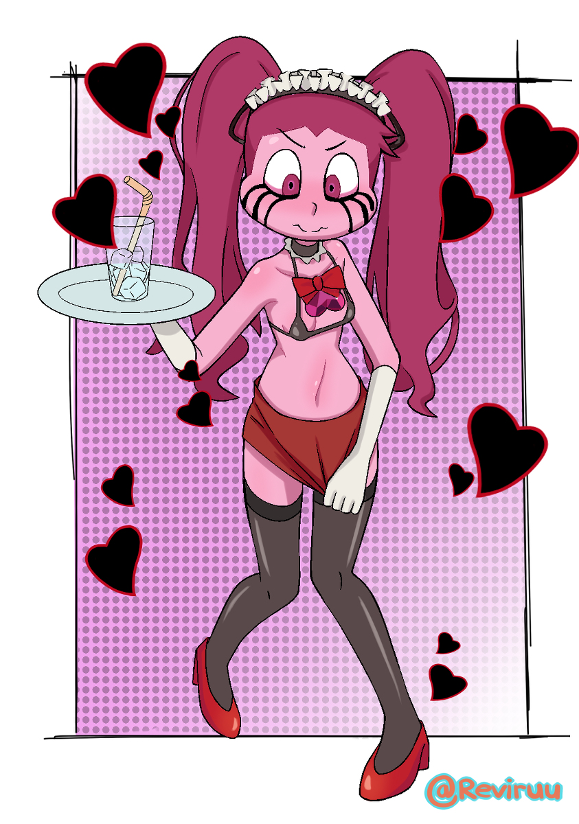 1girls, bikini top, bow tie, breasts, cartoon network, drink, female, female only, gem, gem (species), heart, heels, high heels, looking down, maid, maid uniform, nervous, pink eyes, pink hair, pink skin, reviruu, skirt, skirt down, small breasts, solo, spinel (steven universe), steven universe, stockings, twintails