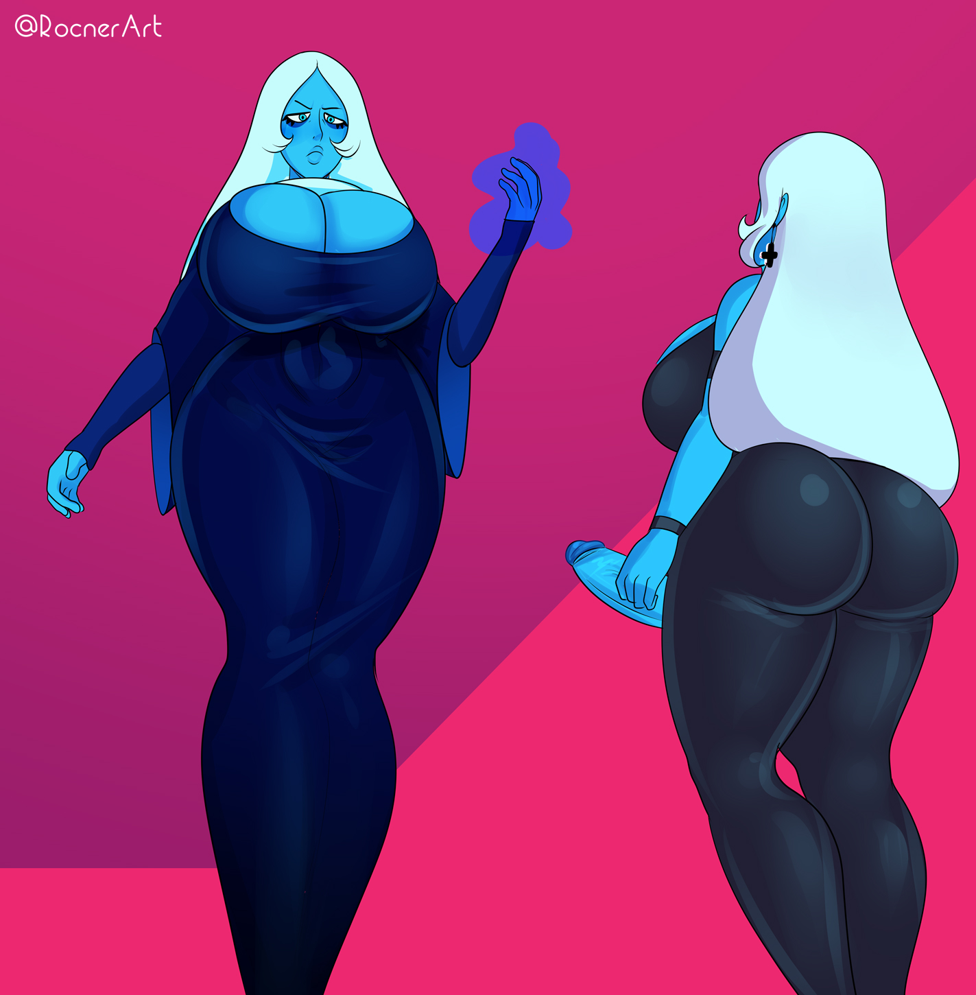 1futa, 1girls, ass, back, big ass, big penis, blue diamond (steven universe), blue eyes, blue hair, blue skin, breasts, cartoon network, clothed, clothing, diamond authority, duo, erection, exposed penis, female, fully clothed, futanari, gem (species), huge breasts, humanoid, humanoid penis, intersex, jojo reference, low-angle view, mostly clothed, penis, penis out, rocner, size difference, standing, steven universe, thick thighs, wide hips