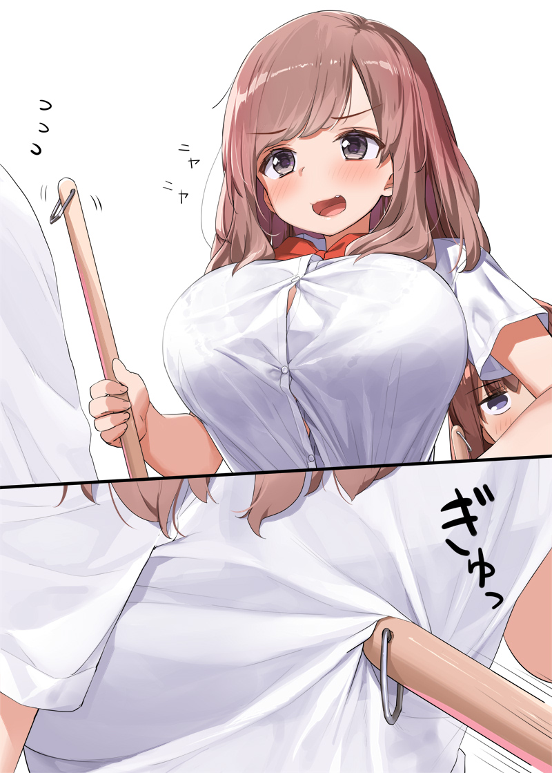 2020 2girls bangs bare_arms blush bow bowtie breasts broom brown_hair buttons clothed clothing collared_shirt eyebrows_visible_through_hair fangs female female_only fully_clothed grey_eyes highres holding holding_broom huge_breasts japanese_text kaisen_chuui long_hair multiple_girls oerba_yun_fang open_mouth original prank red_bow red_neckwear school_uniform shirt short_sleeves simple_background smile sound_effects text tongue upper_body white_background white_shirt