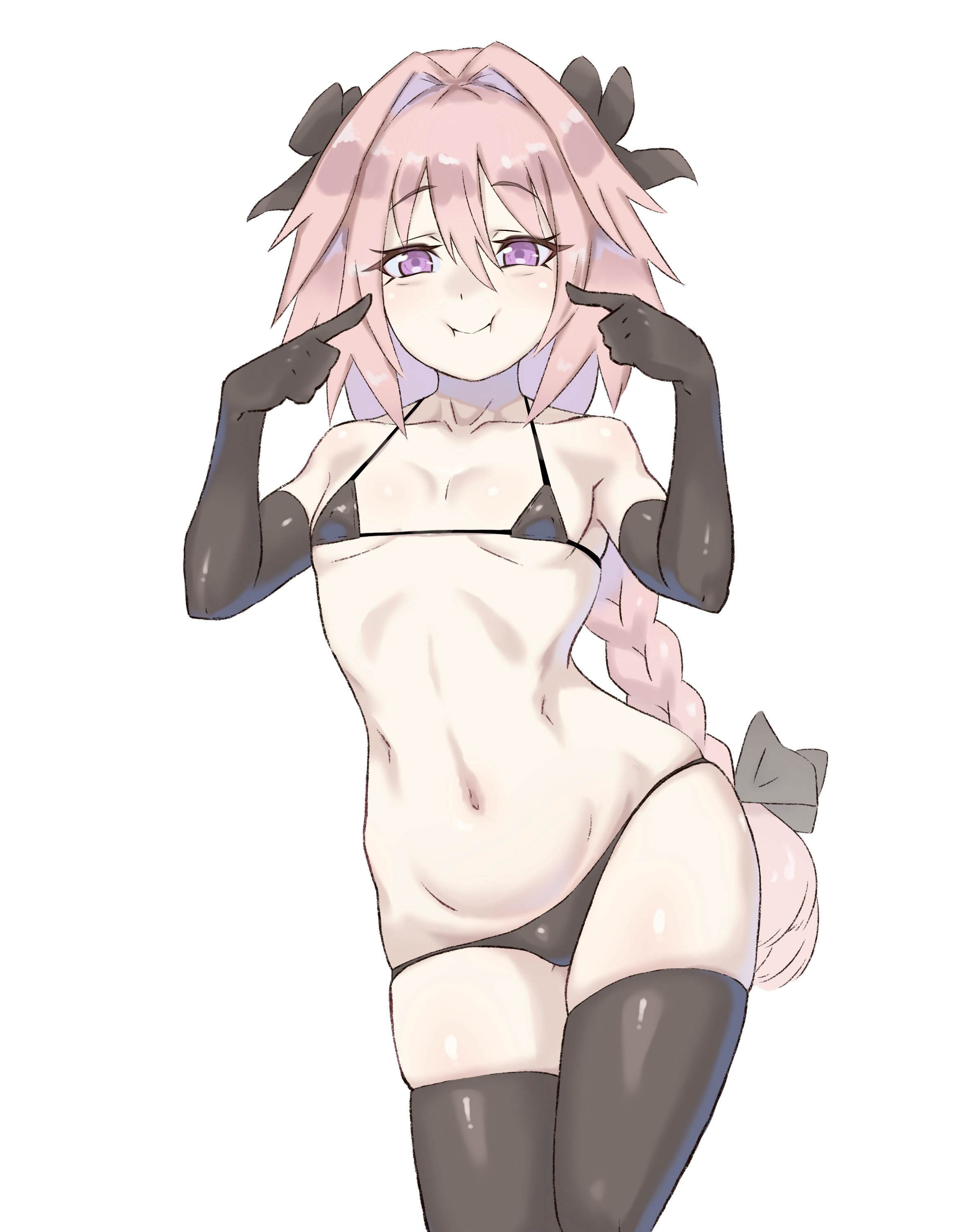 1boy, abs, androgynous, astolfo (fate), black gloves, black thighhighs, black thong, bulge, fate (series), fate/grand order, female, femboy, freddyhalloween, girly, light skin, light-skinned female, male, male only, micro bikini, pale skin, pale-skinned female, pink hair, purple eyes, solo, thick thighs, thighhighs, thighs, thong, trap