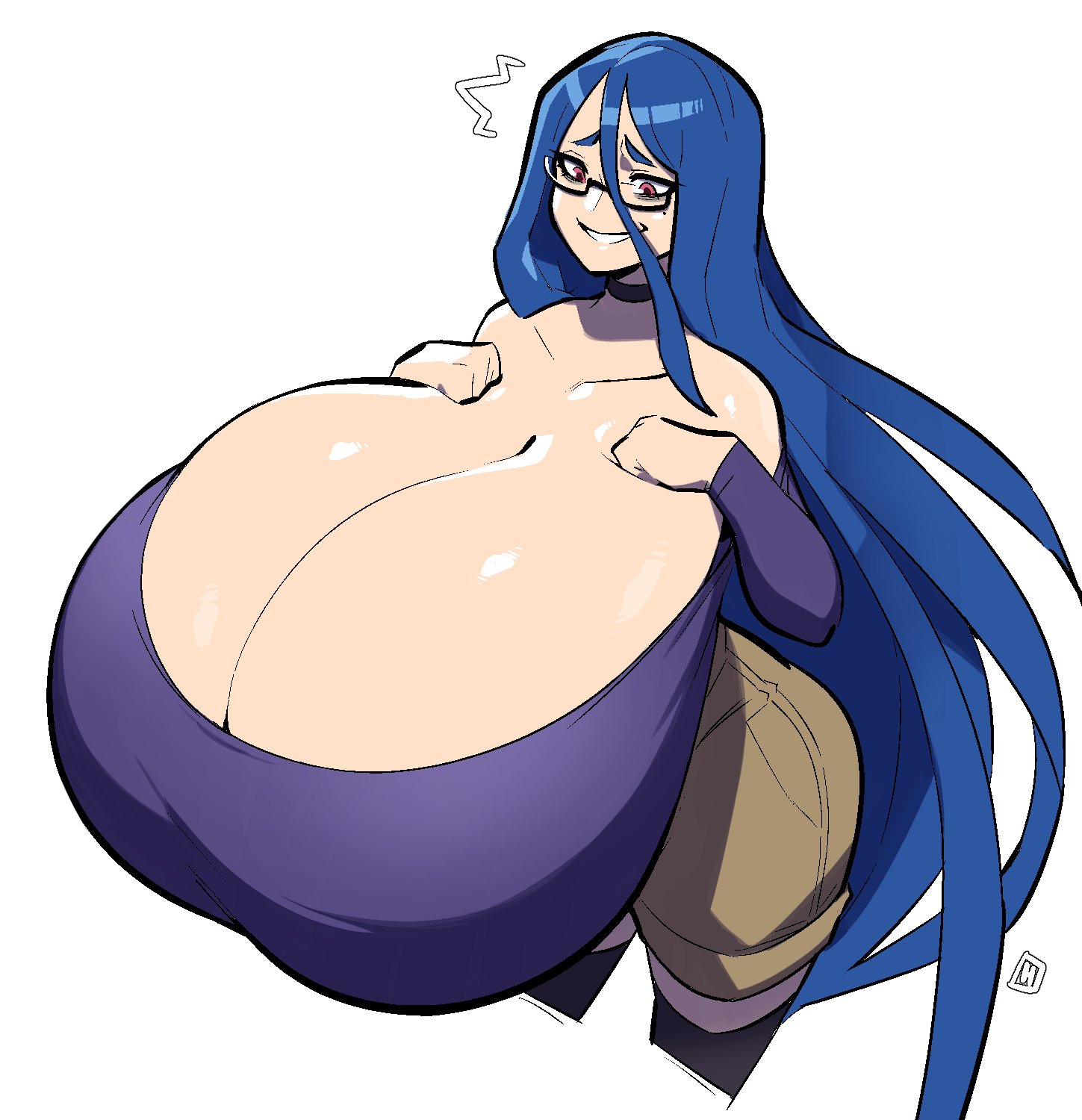 1girls, basic background, blue hair, breasts, cleavage, collar, cute, embarrassed, female, female only, gigantic breasts, glasses, huge breasts, hyper breasts, light skin, light-skinned female, long hair, simple background, smile, smiling, solo, tagme, thehelmetguy, thin waist