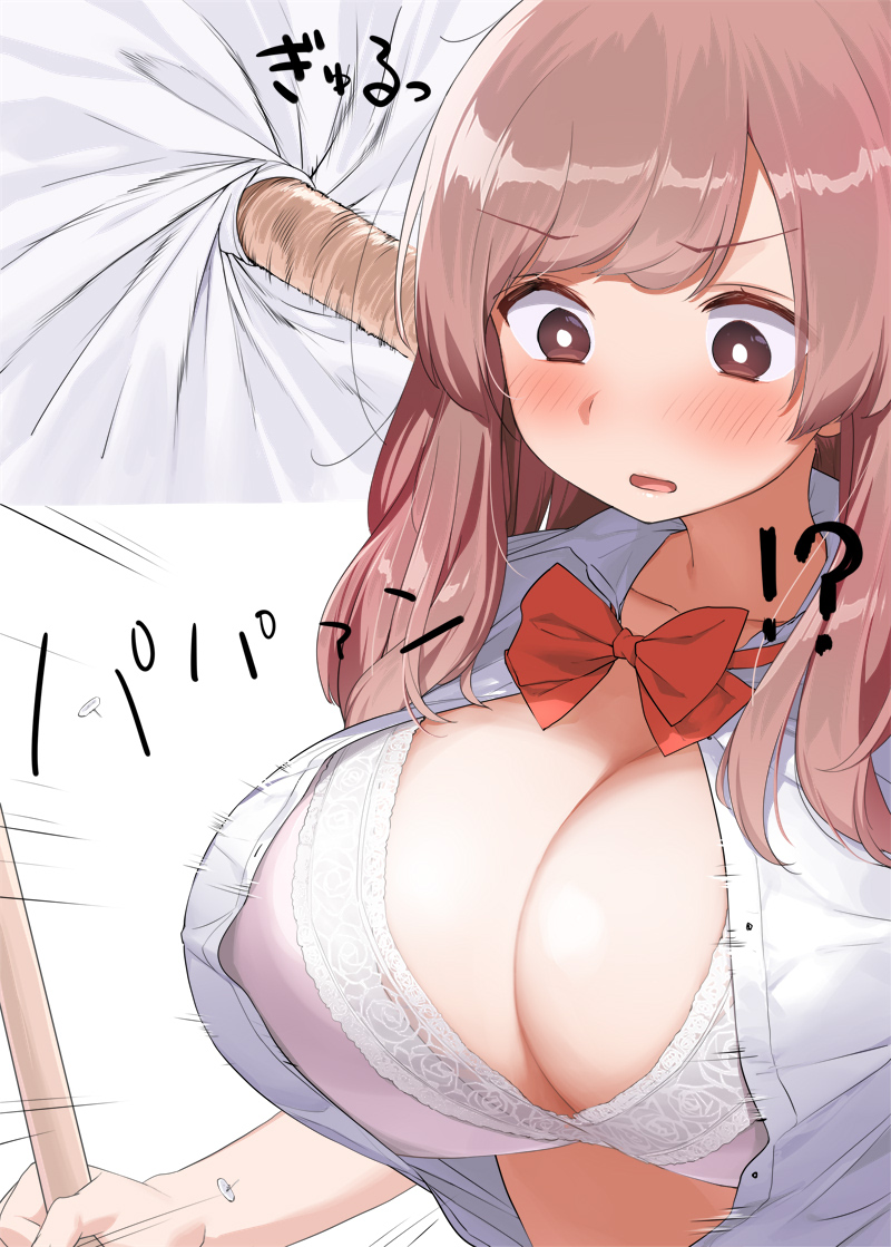 !? 1girls 2020 bangs blush bow bowtie bra breasts broom brown_eyes brown_hair bursting_breasts buttons cleavage collarbone collared_shirt embarrassed eyebrows_visible_through_hair female female_only flying_button highres holding holding_broom huge_breasts japanese_text kaisen_chuui long_hair open_clothes open_mouth open_shirt original popped_button prank red_bow red_neckwear school_uniform shirt short_sleeves simple_background sound_effects surprised text tongue underwear upper_body wardrobe_malfunction white_background white_shirt