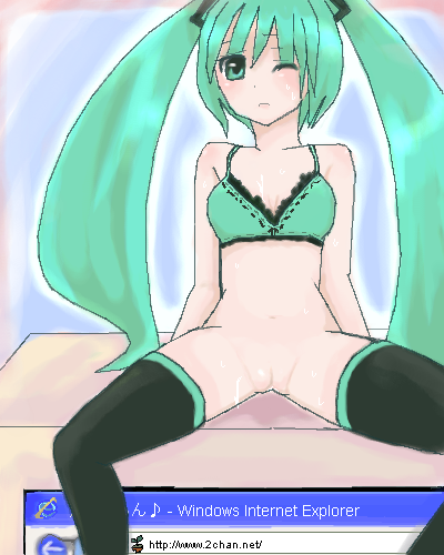 2chan black_legwear bottomless computer female flat_chest frown futaba_channel green_eyes hatsune_miku internet_explorer lowres michalesser0217 solo twintails vocaloid windows wink