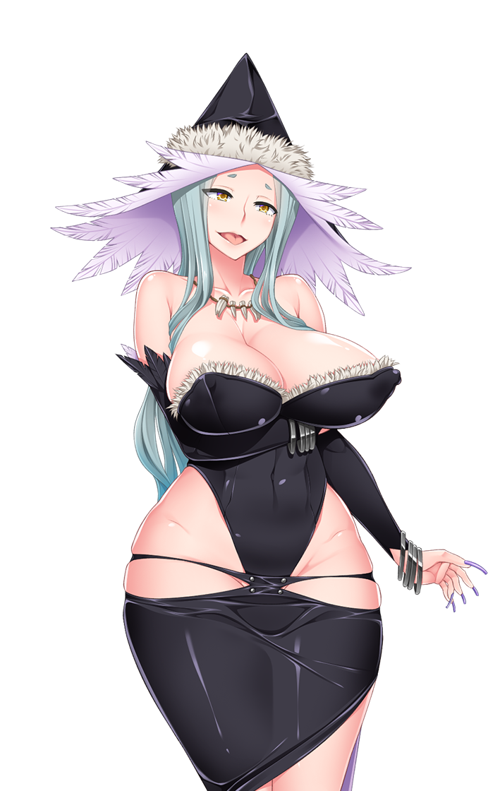 aqua_hair arm_under_breasts big_breasts clockup dress futanari_elf_kaikan_choukyou hat long_fingernails milf oohara_kyuutarou open_mouth tight_clothing wide_hips yellow_eyes